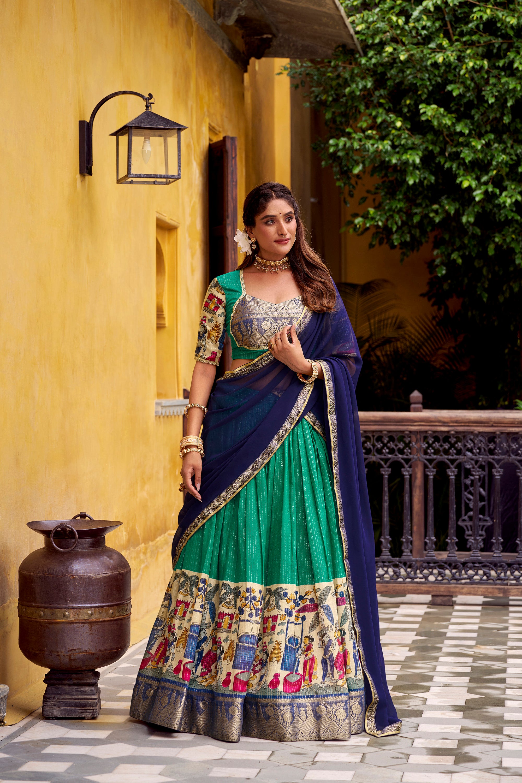Lorenvalley Fashion Multicolor Poly Chanderi Zari Stripe Kalamkari Printed With Zari Weaving Work Lehenga Choli with Dupatta - Distacart