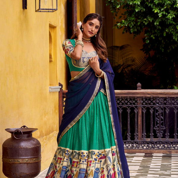 Lorenvalley Fashion Multicolor Poly Chanderi Zari Stripe Kalamkari Printed With Zari Weaving Work Lehenga Choli with Dupatta - Distacart
