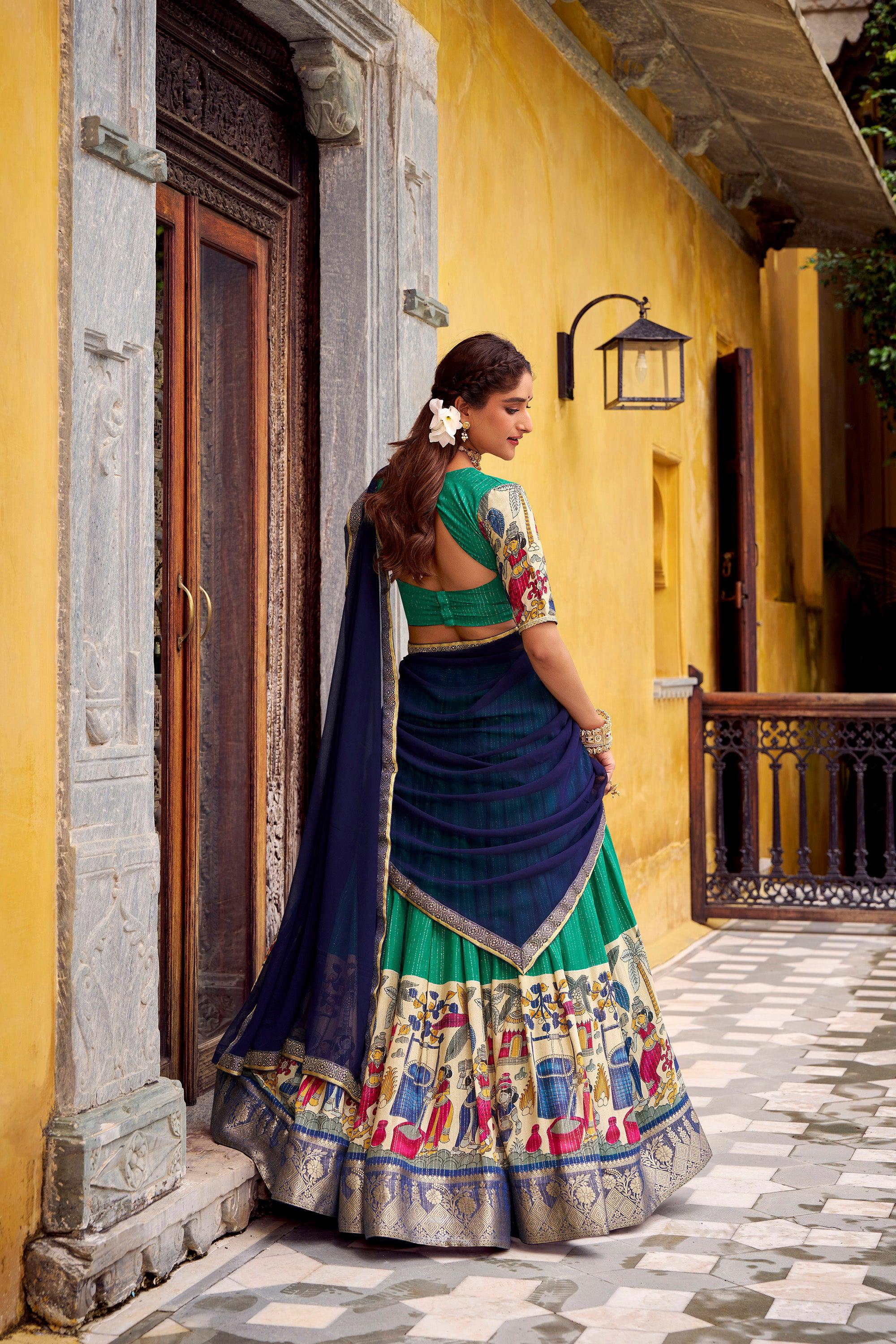 Lorenvalley Fashion Multicolor Poly Chanderi Zari Stripe Kalamkari Printed With Zari Weaving Work Lehenga Choli with Dupatta - Distacart
