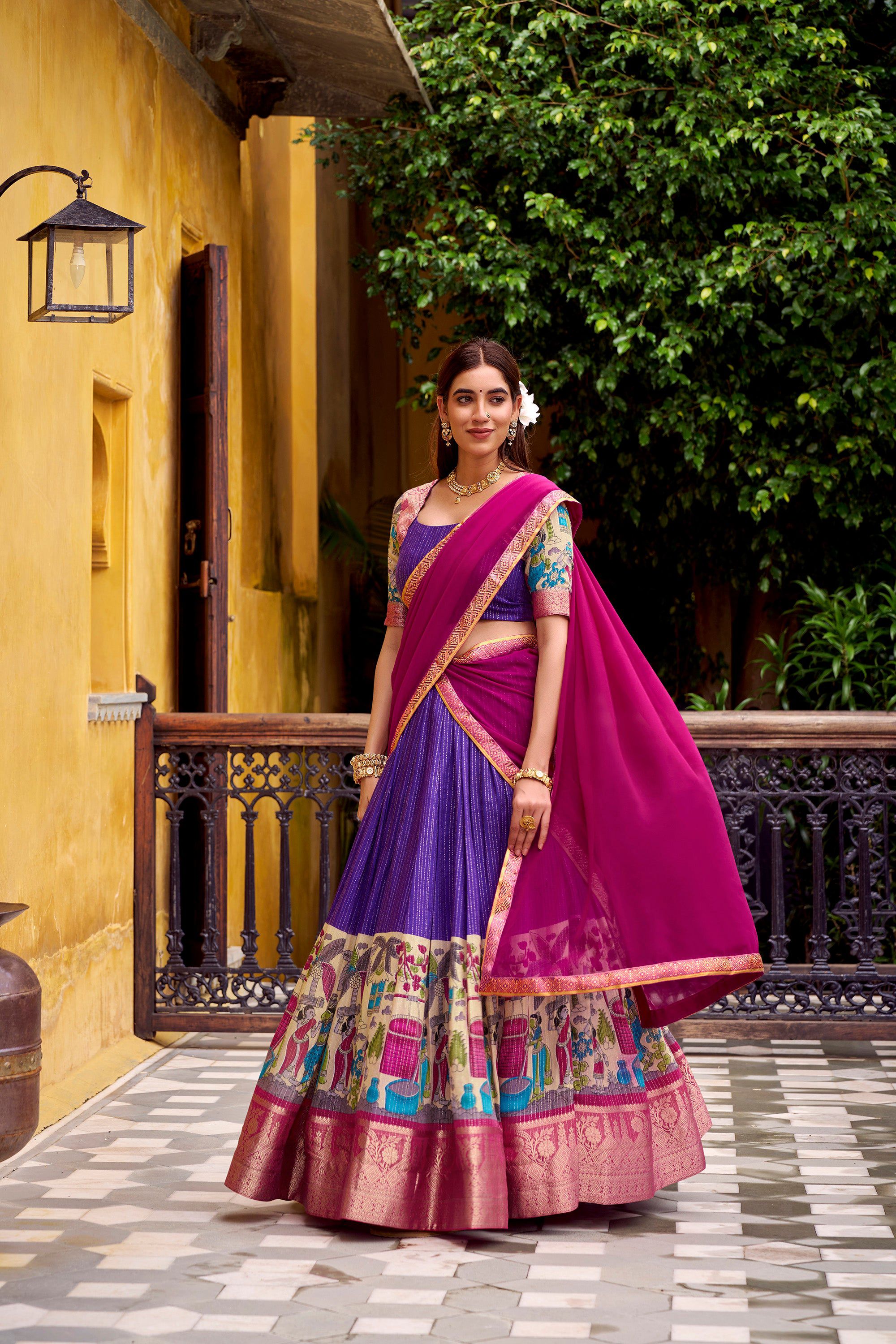 Lorenvalley Fashion Multicolor Poly Chanderi Zari Stripe Kalamkari Printed With Zari Weaving Work Lehenga Choli with Dupatta - Distacart