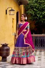 Thumbnail for Lorenvalley Fashion Multicolor Poly Chanderi Zari Stripe Kalamkari Printed With Zari Weaving Work Lehenga Choli with Dupatta