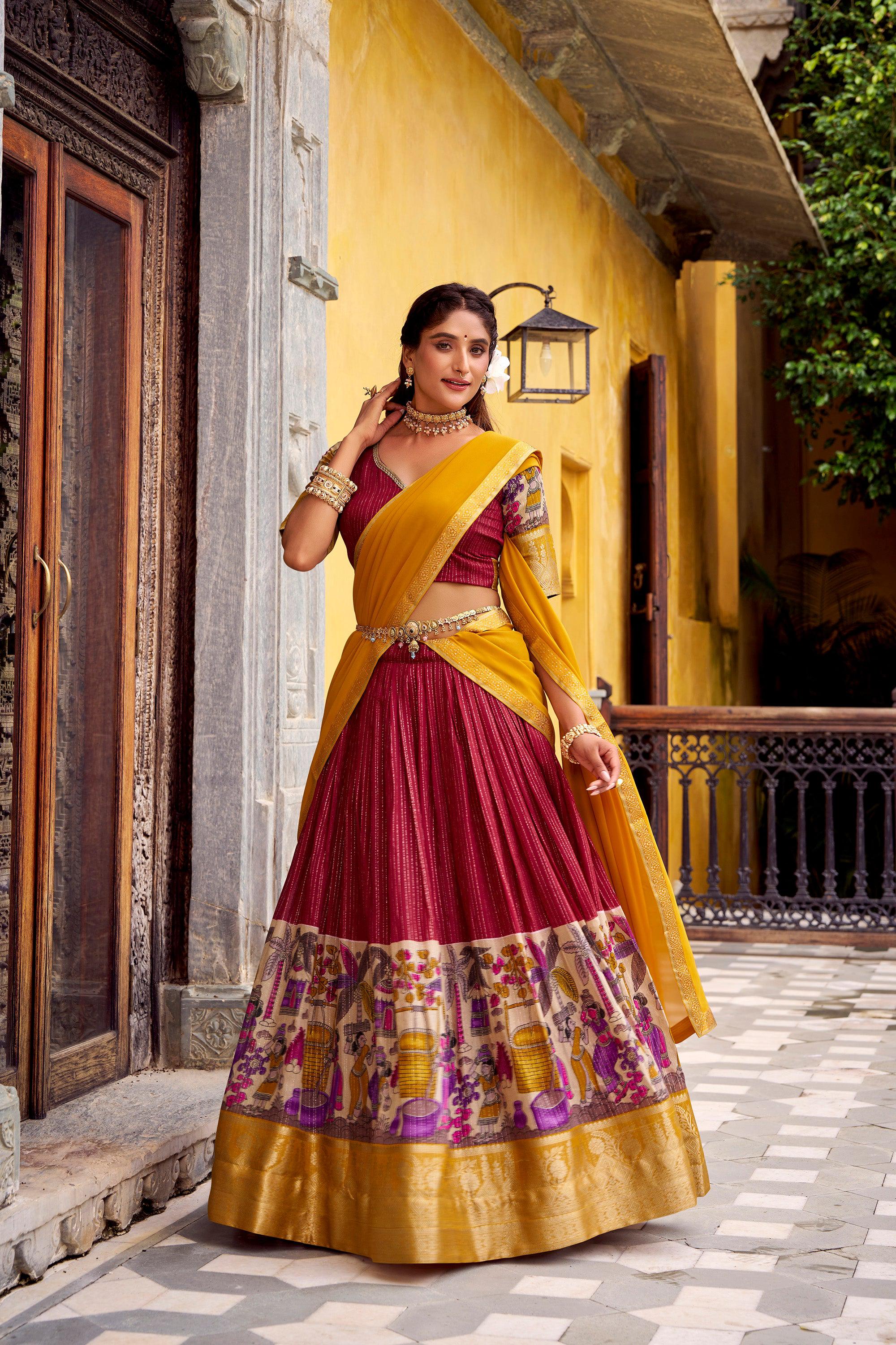 Lorenvalley Fashion Multicolor Poly Chanderi Zari Stripe Kalamkari Printed With Zari Weaving Work Lehenga Choli with Dupatta - Distacart