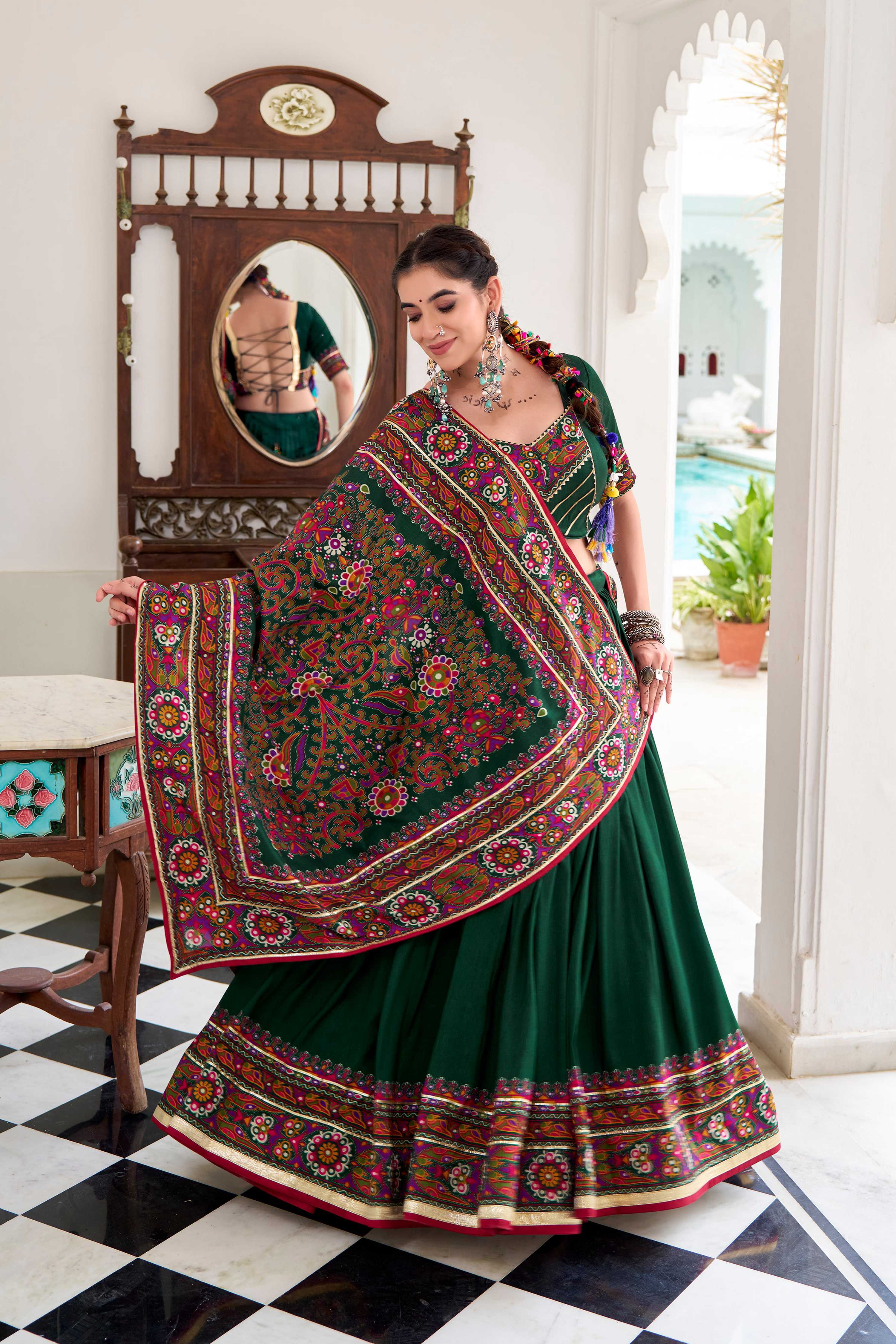 Lorenvalley Fashion Green Tasar Silk Gamthi Print With Embossed Design And Gotta Patti Lace Touch Up Lehenga Choli with Dupatta - Distacart
