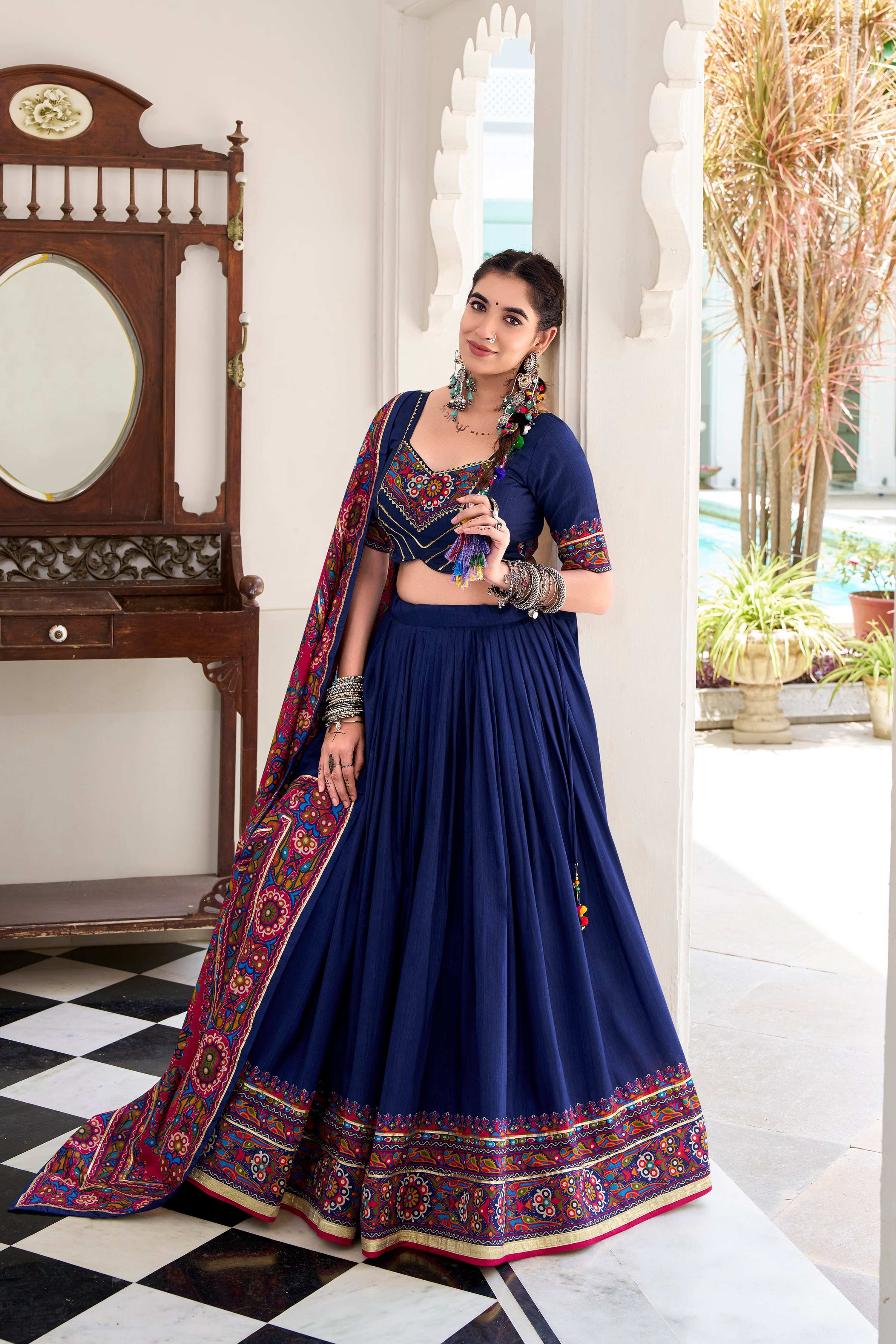 Lorenvalley Fashion Navyblue Tasar Silk Gamthi Print With Embossed Design And Gotta Patti Lace Touch Up Lehenga Choli with Dupatta - Distacart