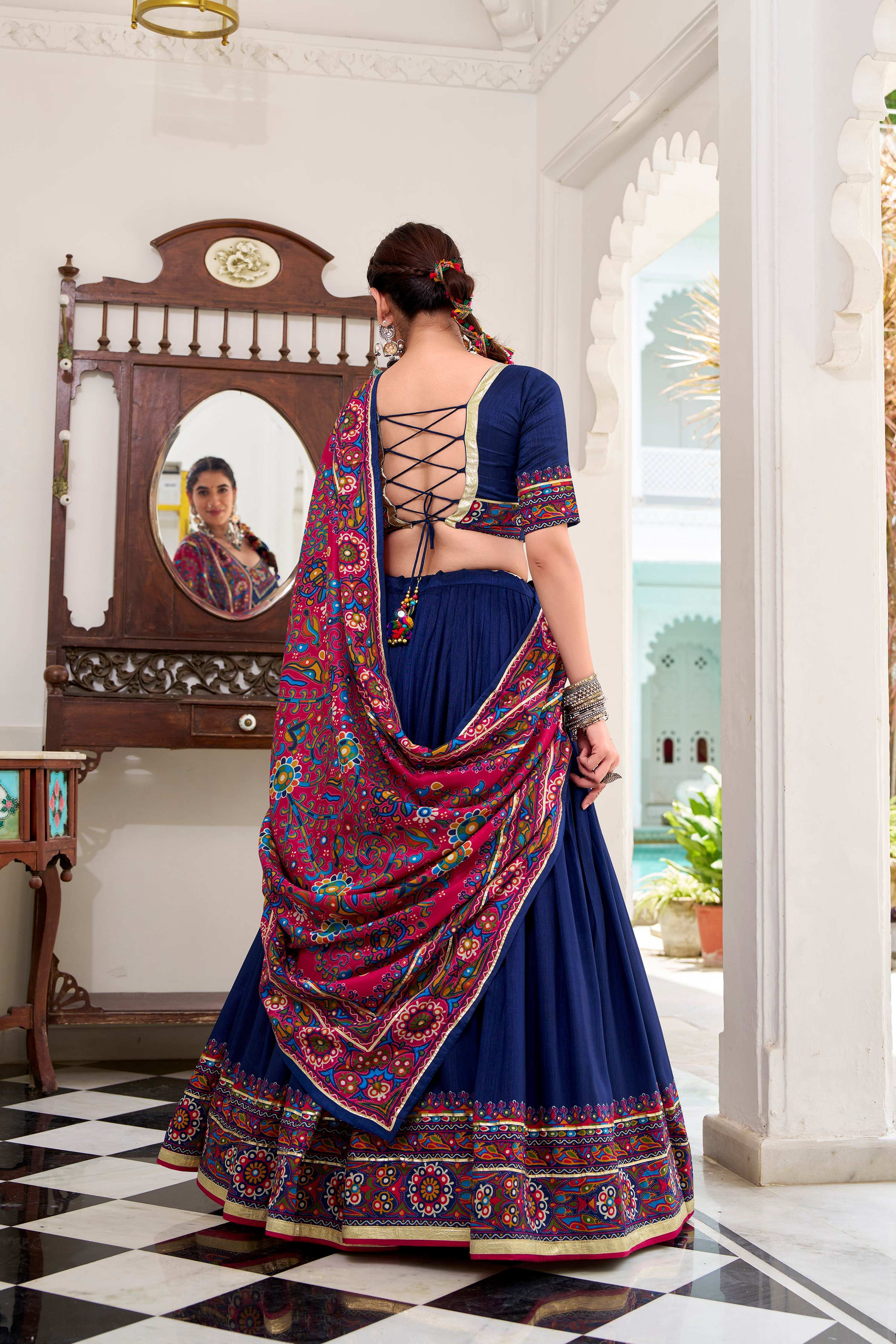 Lorenvalley Fashion Navyblue Tasar Silk Gamthi Print With Embossed Design And Gotta Patti Lace Touch Up Lehenga Choli with Dupatta
