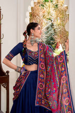 Thumbnail for Lorenvalley Fashion Navyblue Tasar Silk Gamthi Print With Embossed Design And Gotta Patti Lace Touch Up Lehenga Choli with Dupatta