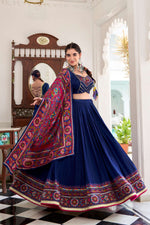 Thumbnail for Lorenvalley Fashion Navyblue Tasar Silk Gamthi Print With Embossed Design And Gotta Patti Lace Touch Up Lehenga Choli with Dupatta