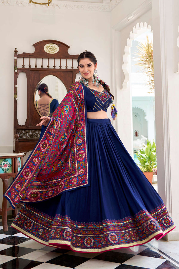 Lorenvalley Fashion Navyblue Tasar Silk Gamthi Print With Embossed Design And Gotta Patti Lace Touch Up Lehenga Choli with Dupatta