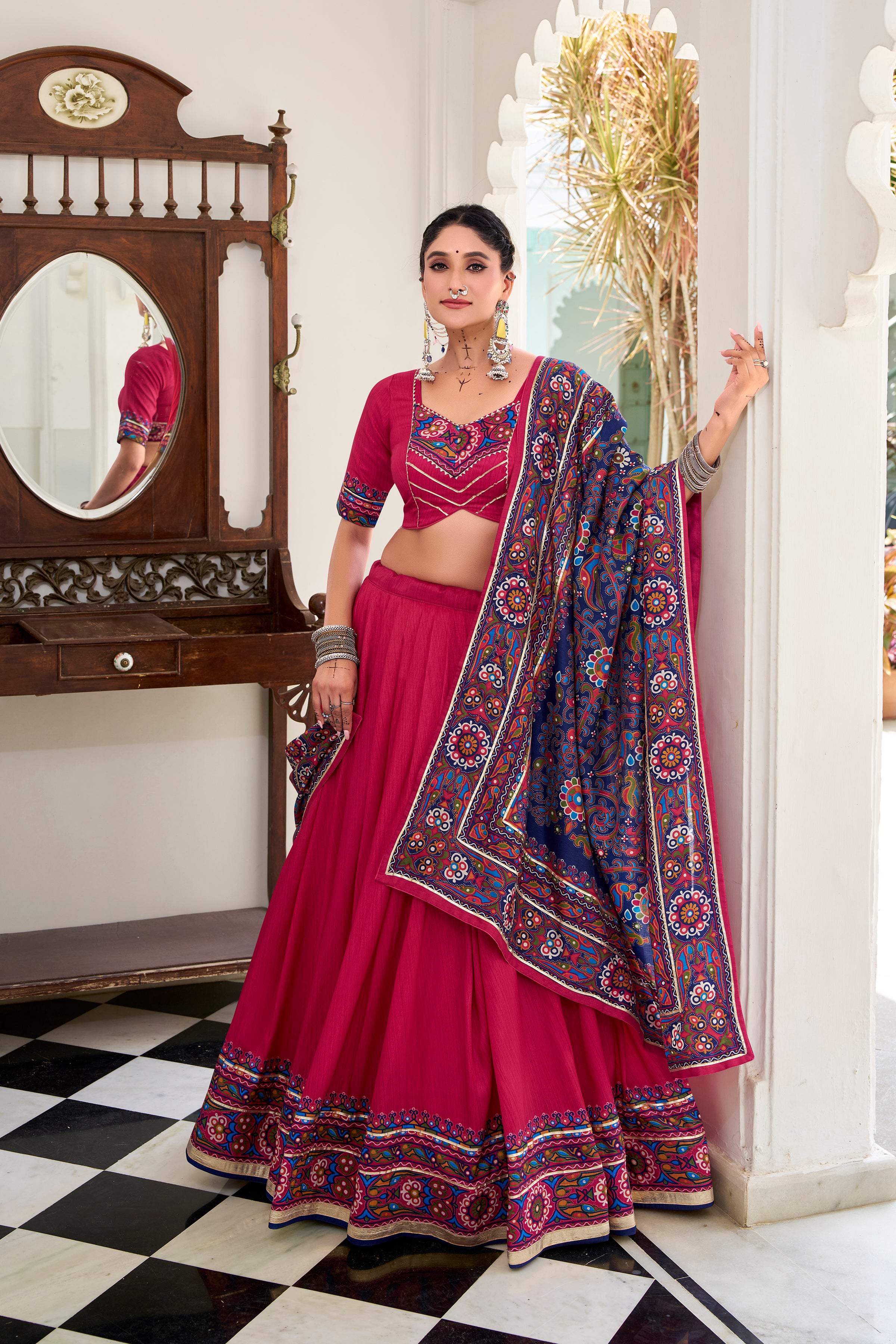 Lorenvalley Fashion Pink Tasar Silk Gamthi Print With Embossed Design And Gotta Patti Lace Touch Up Lehenga Choli with Dupatta