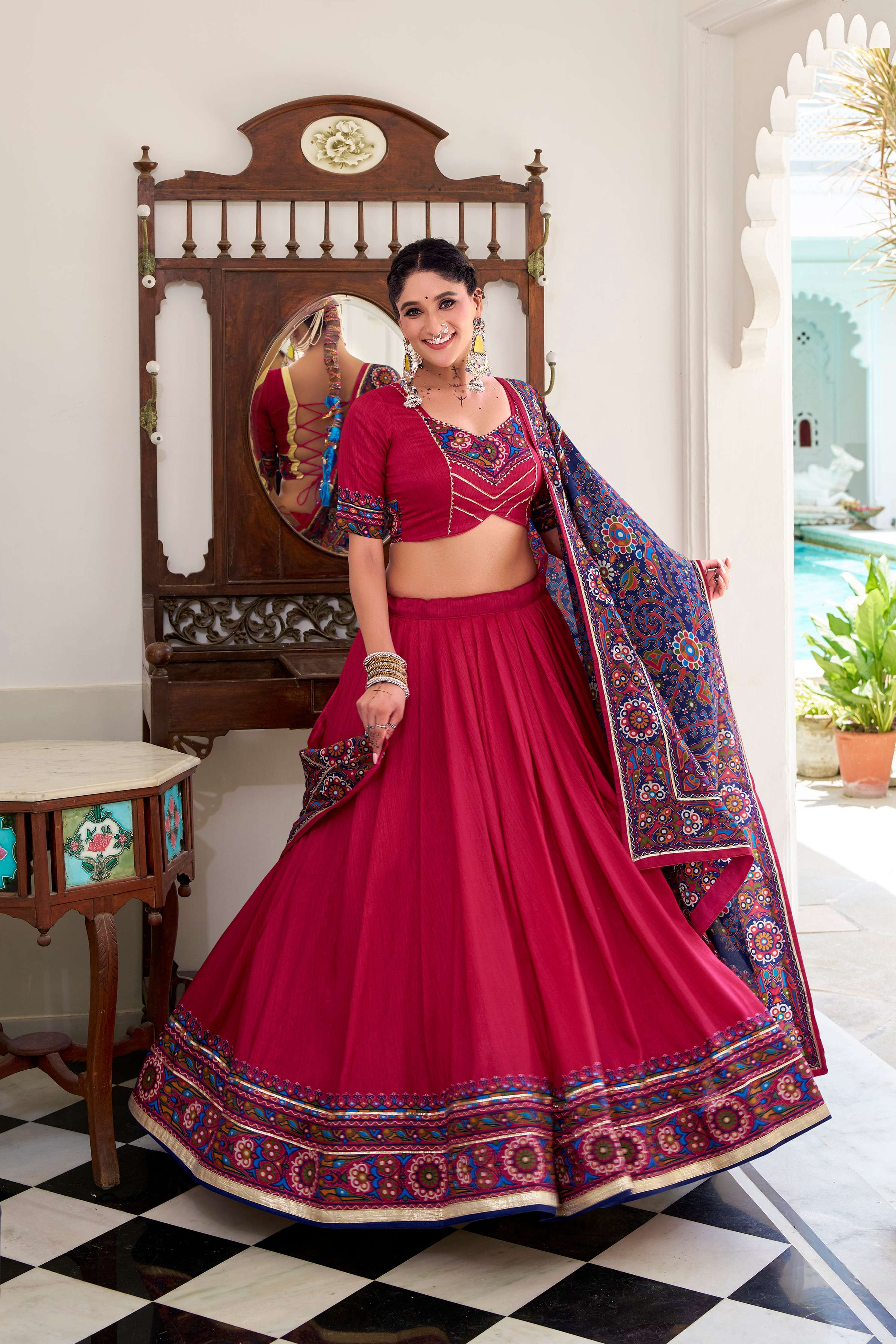 Lorenvalley Fashion Pink Tasar Silk Gamthi Print With Embossed Design And Gotta Patti Lace Touch Up Lehenga Choli with Dupatta