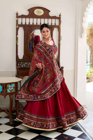 Lorenvalley Fashion Red Tasar Silk Gamthi Print With Embossed Design And Gotta Patti Lace Touch Up Lehenga Choli with Dupatta