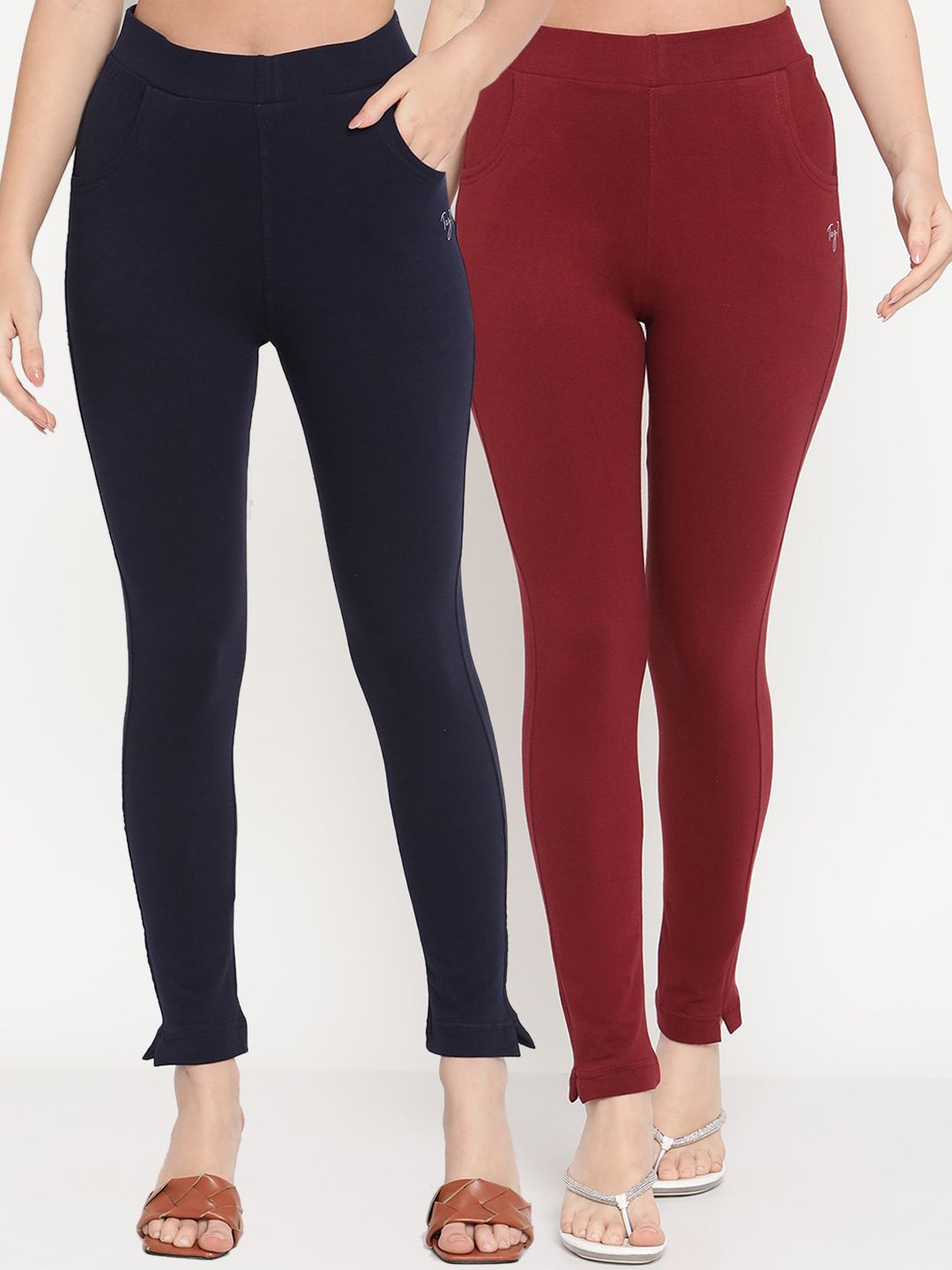 TAG 7 Set Of 2 Maroon & Navy Blue Solid Leggings - Distacart