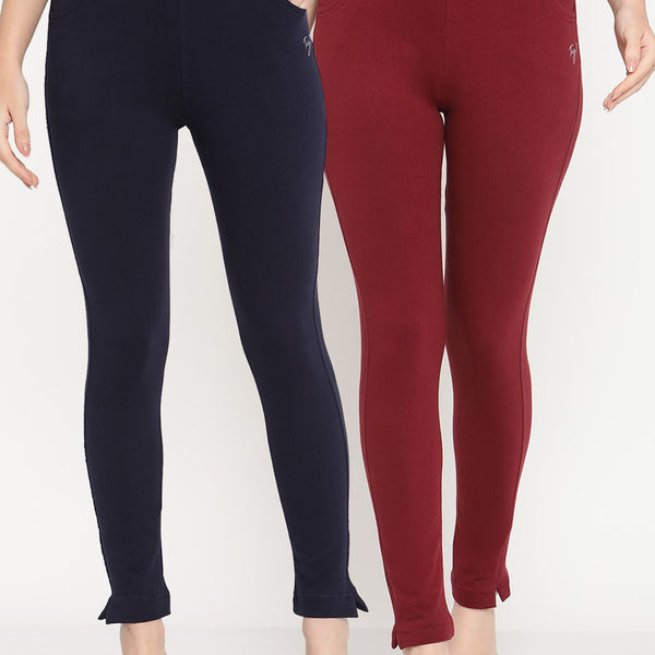 TAG 7 Set Of 2 Maroon & Navy Blue Solid Leggings - Distacart