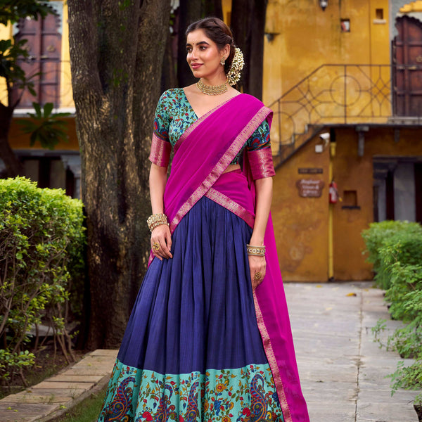 Lorenvalley Fashion Navy Blue Aastha Silk Printed with Zari Weaving Work Lehenga Choli with Dupatta