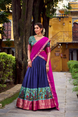 Lorenvalley Fashion Navy Blue Aastha Silk Printed with Zari Weaving Work Lehenga Choli with Dupatta