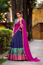 Thumbnail for Lorenvalley Fashion Navy Blue Aastha Silk Printed with Zari Weaving Work Lehenga Choli with Dupatta