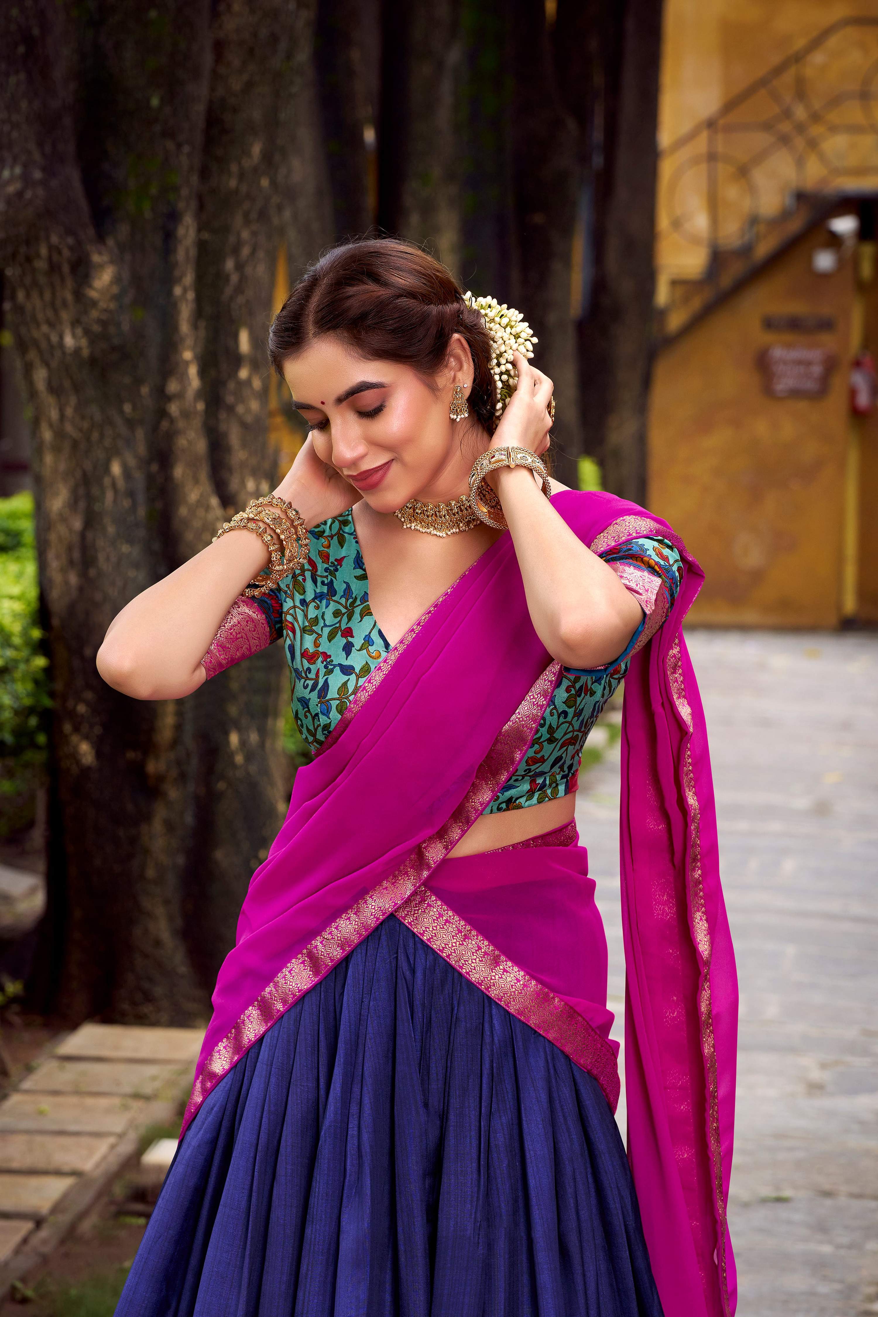 Lorenvalley Fashion Navy Blue Aastha Silk Printed with Zari Weaving Work Lehenga Choli with Dupatta