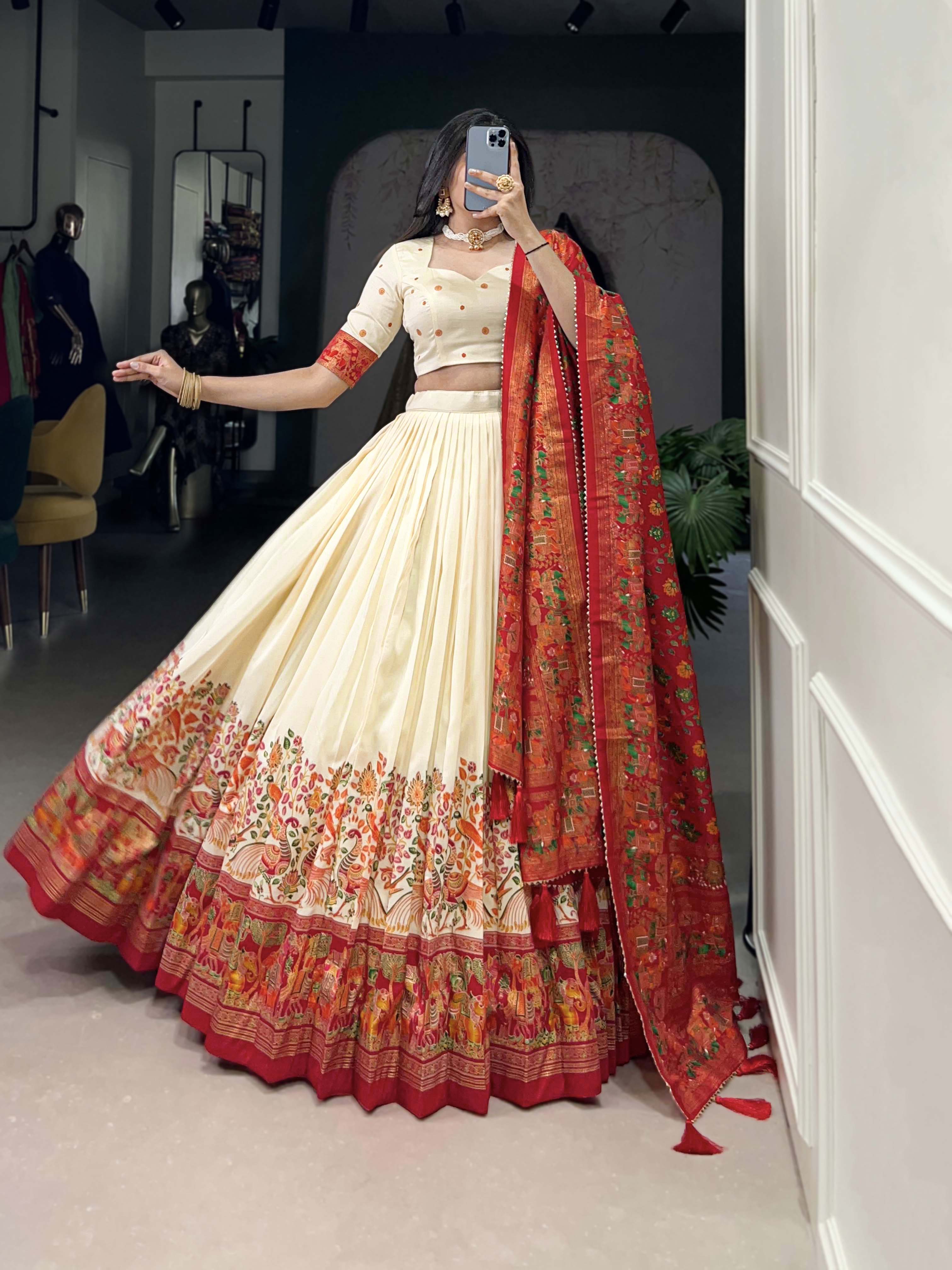 Lorenvalley Off White Tussar Silk Printed With Foil Work Lehenga Choli with Dupatta - Distacart