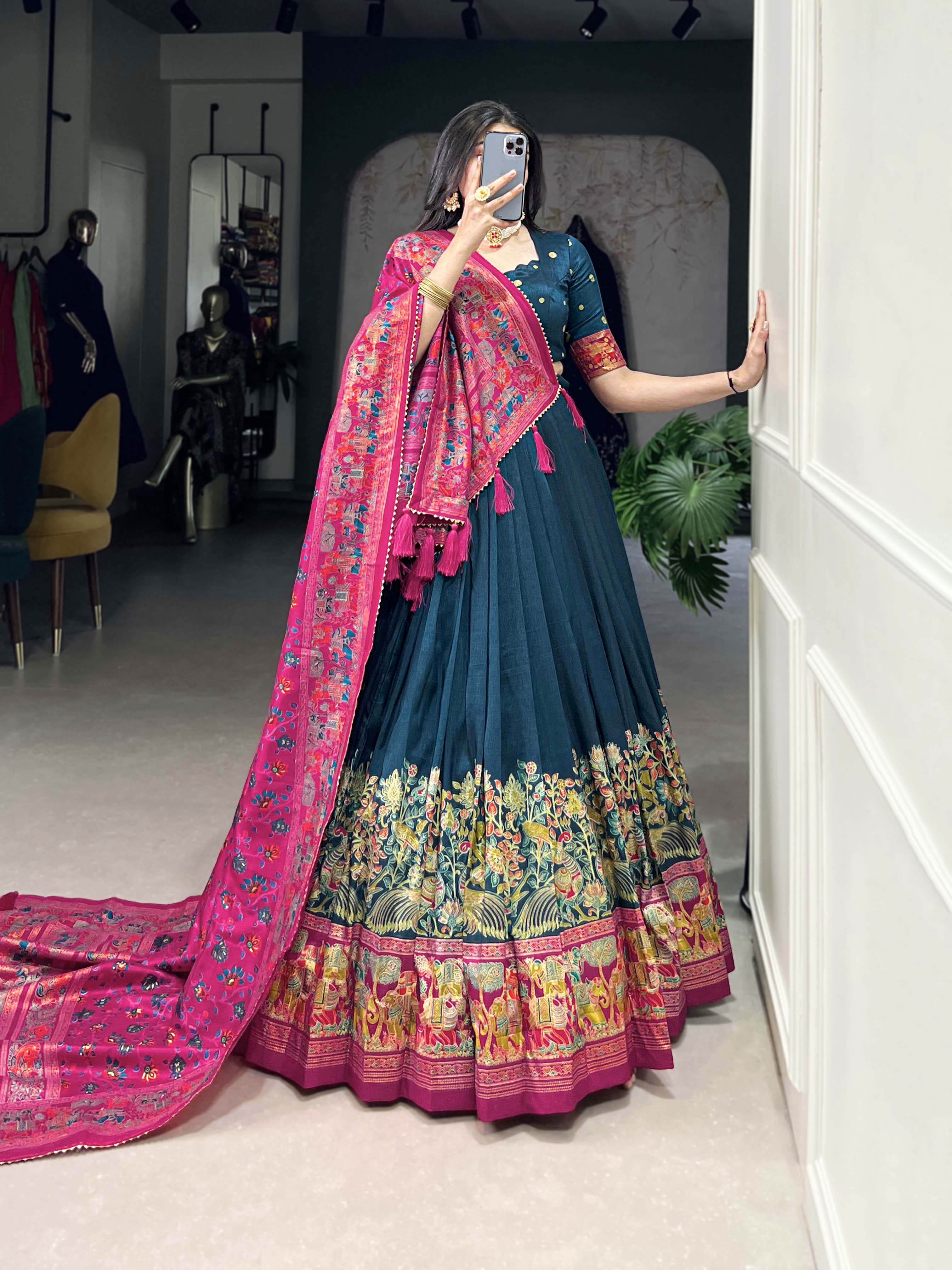 Lorenvalley Teal Tussar Silk Printed With Foil Work Lehenga Choli with Dupatta - Distacart