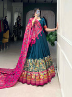 Thumbnail for Lorenvalley Teal Tussar Silk Printed With Foil Work Lehenga Choli with Dupatta