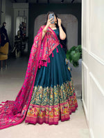 Thumbnail for Lorenvalley Teal Tussar Silk Printed With Foil Work Lehenga Choli with Dupatta