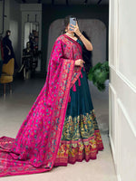 Thumbnail for Lorenvalley Teal Tussar Silk Printed With Foil Work Lehenga Choli with Dupatta