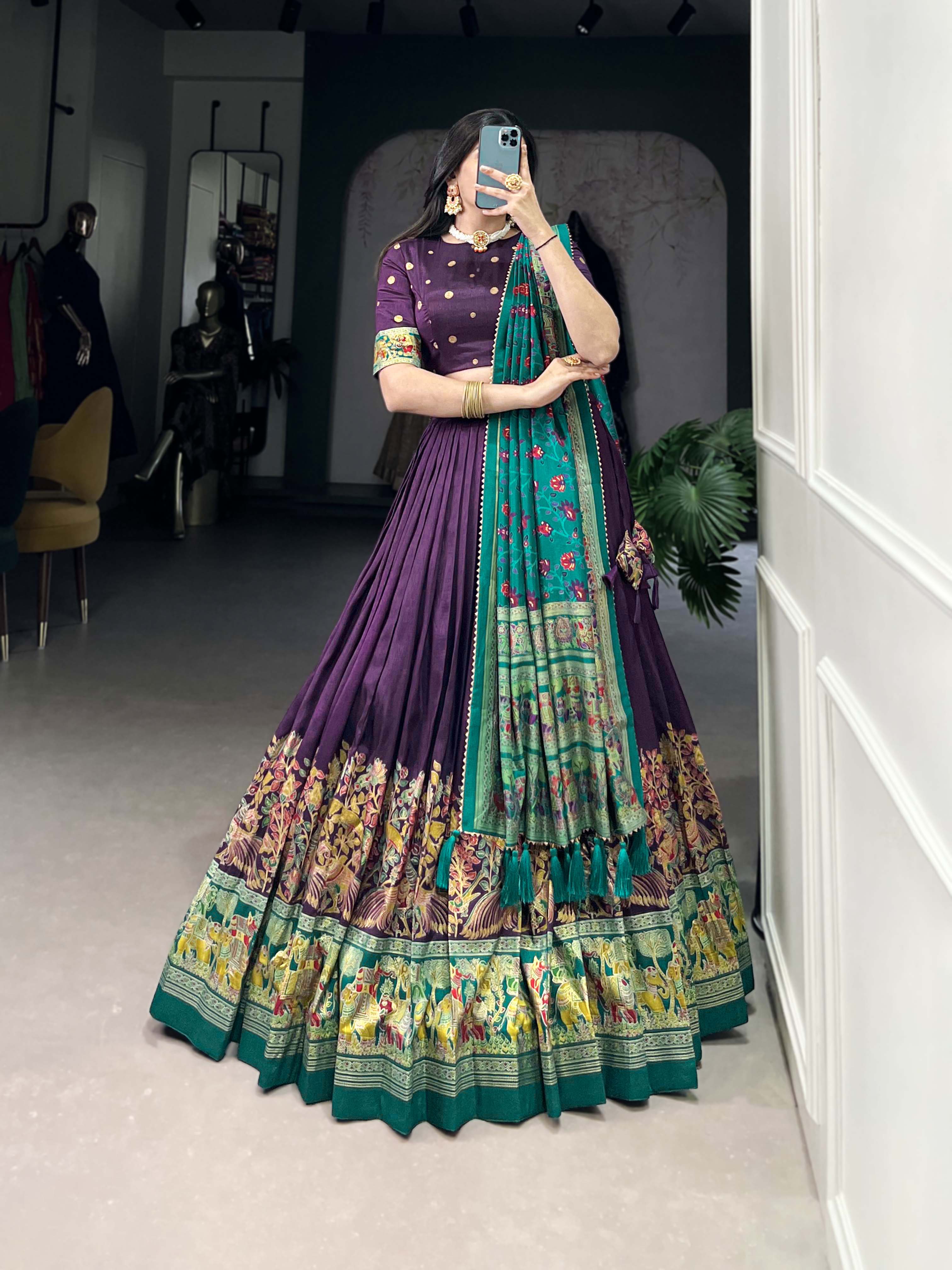 Lorenvalley Purple Tussar Silk Printed With Foil Work Lehenga Choli with Dupatta - Distacart