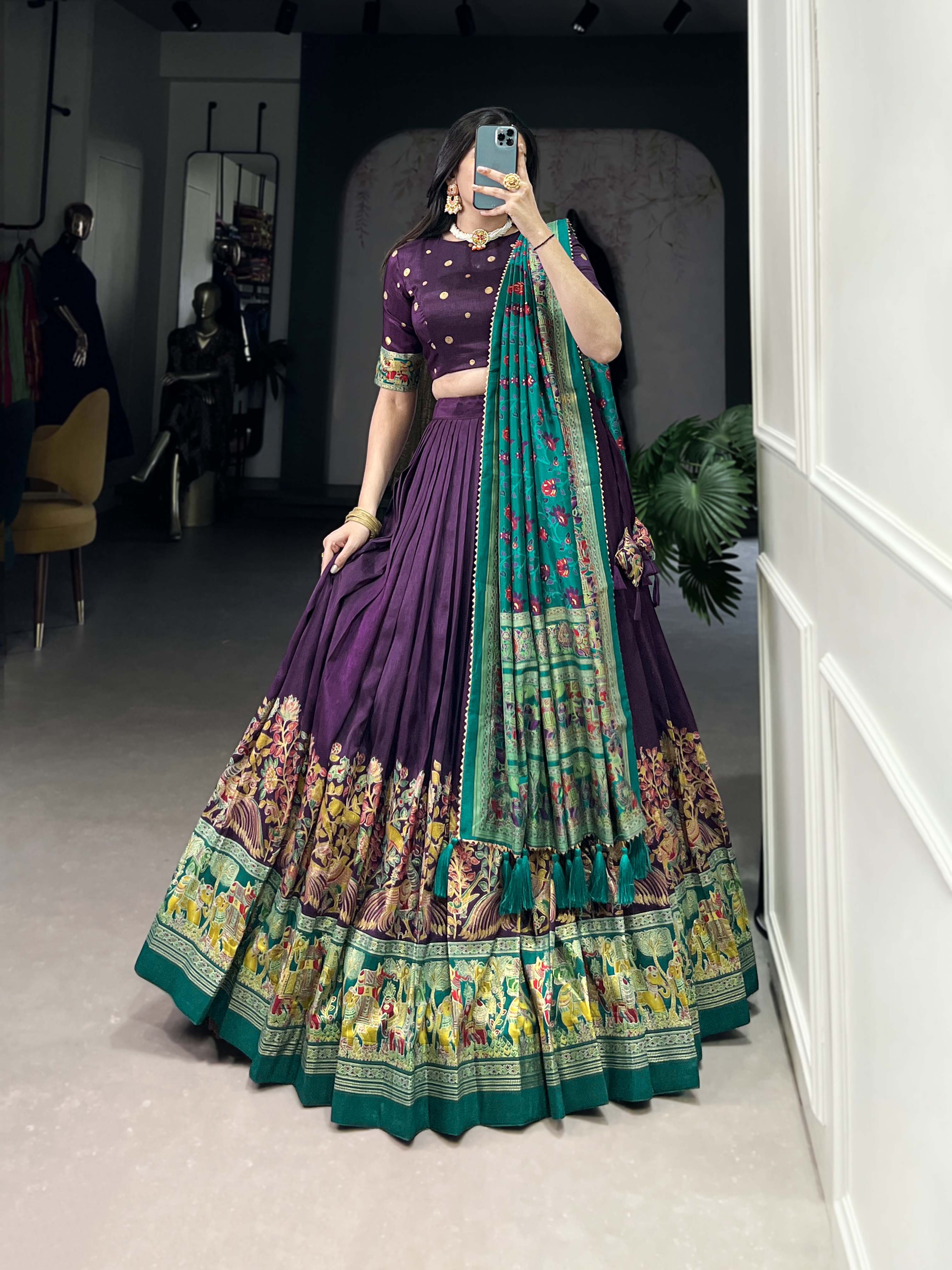 Lorenvalley Purple Tussar Silk Printed With Foil Work Lehenga Choli with Dupatta