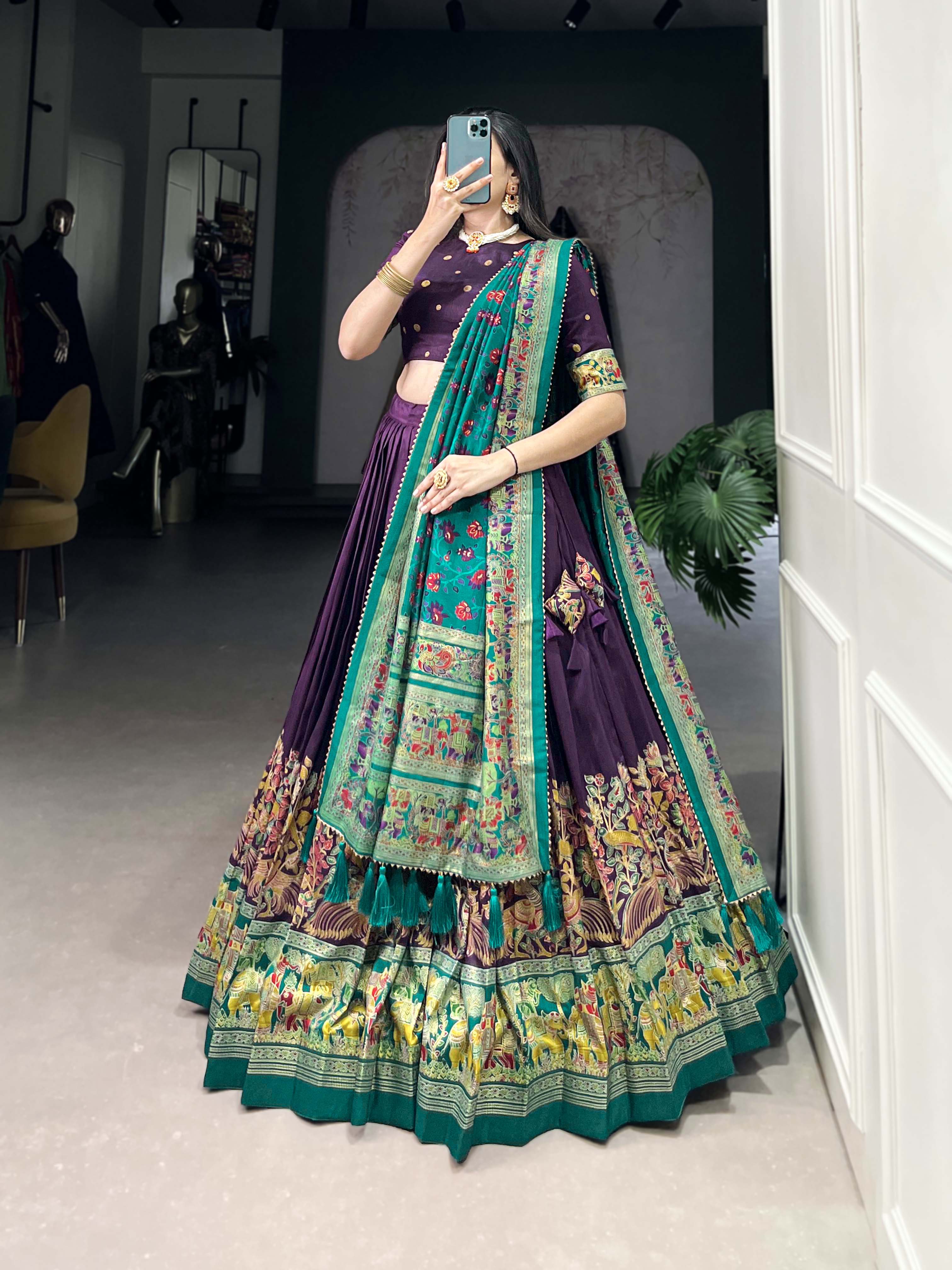 Lorenvalley Purple Tussar Silk Printed With Foil Work Lehenga Choli with Dupatta