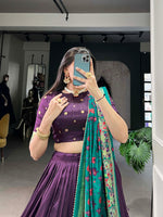 Thumbnail for Lorenvalley Purple Tussar Silk Printed With Foil Work Lehenga Choli with Dupatta