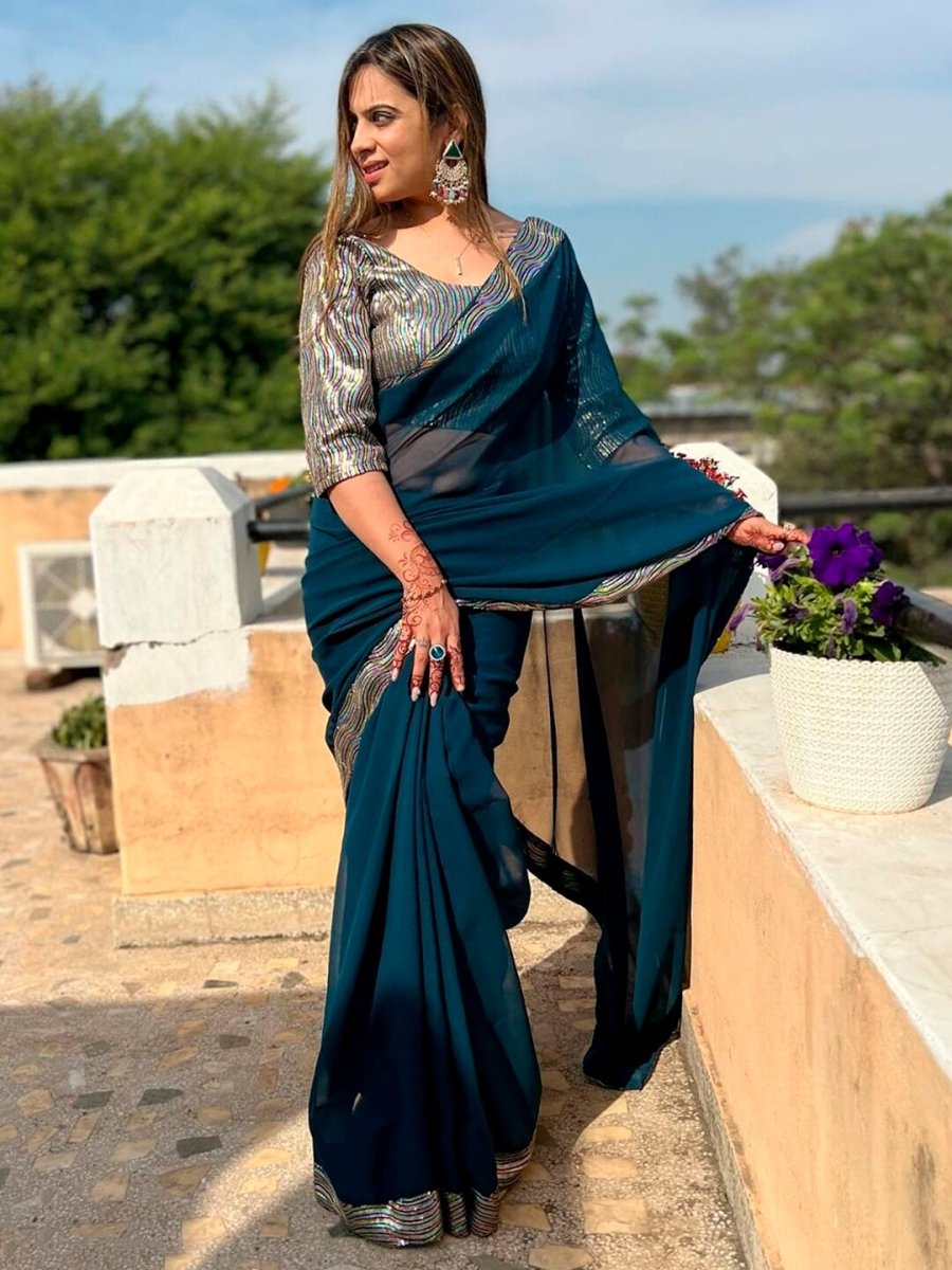 Anouk Teal Blue Sequinned Pure Georgette Saree - Distacart