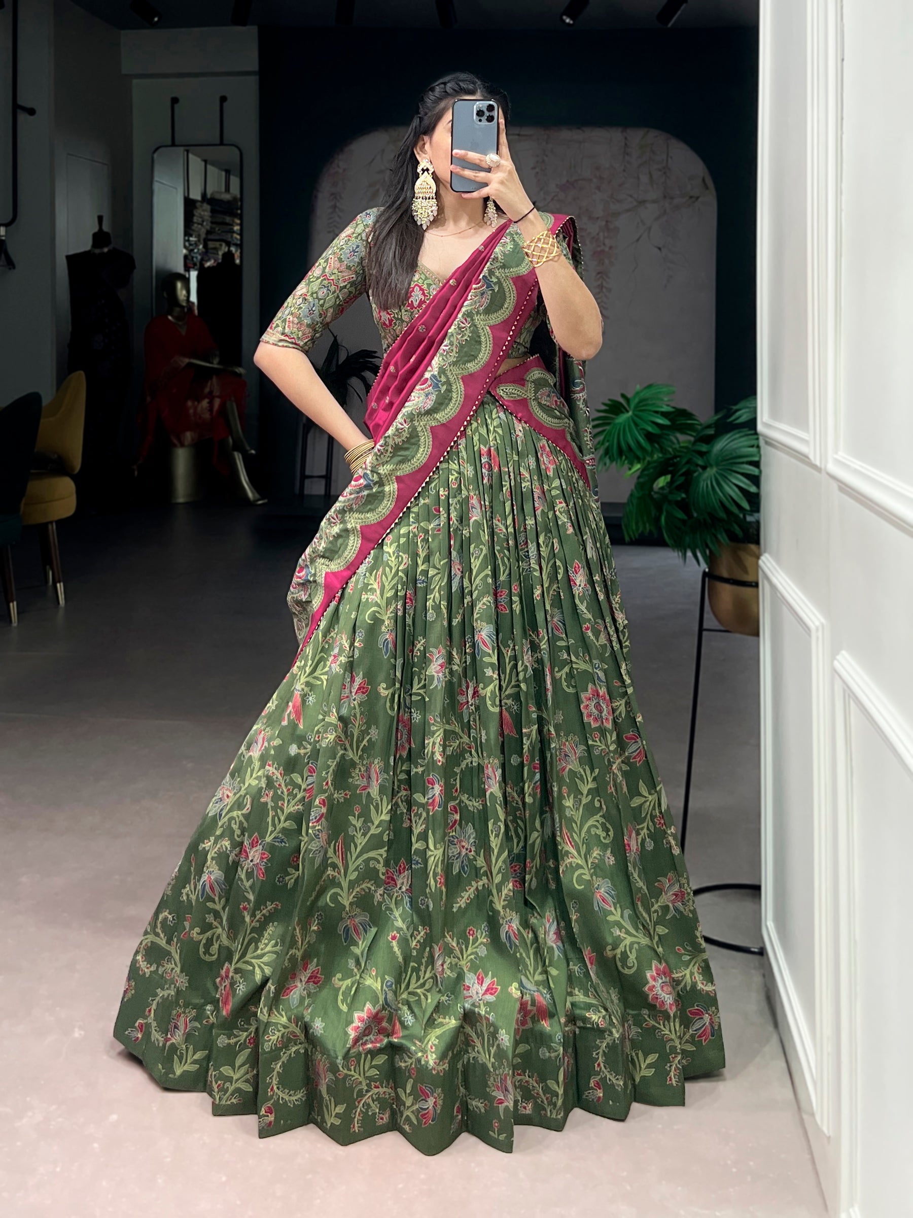 Lorenvalley Fashion Green Tasar Silk Gilded Motif Foil Printed Lehenga Choli with Dupatta - Distacart