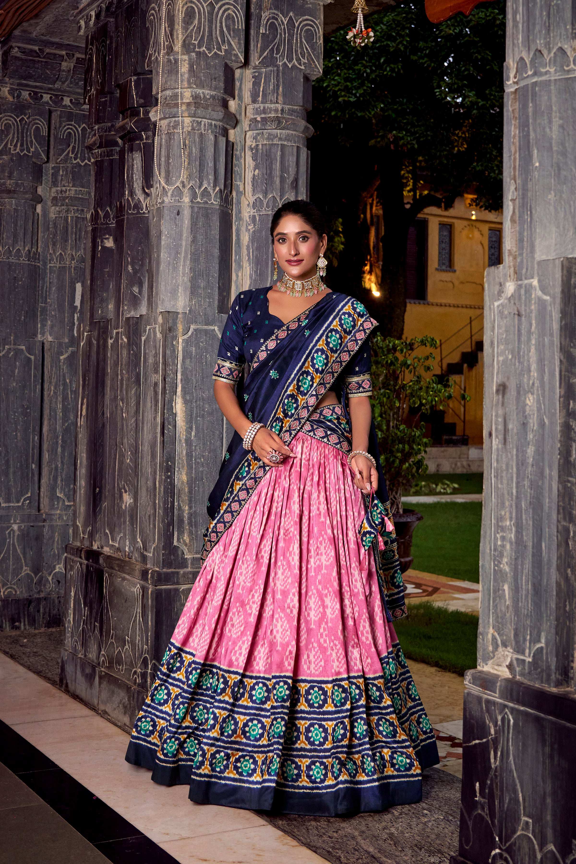 Lorenvalley Fashion Pink Tasar Silk Ikkat Print Lehenga Choli with Dupatta
