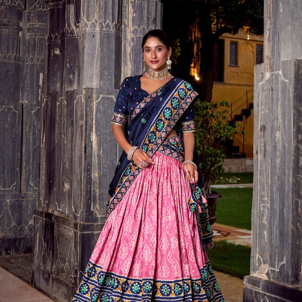 Lorenvalley Fashion Pink Tasar Silk Ikkat Print Lehenga Choli with Dupatta - Distacart
