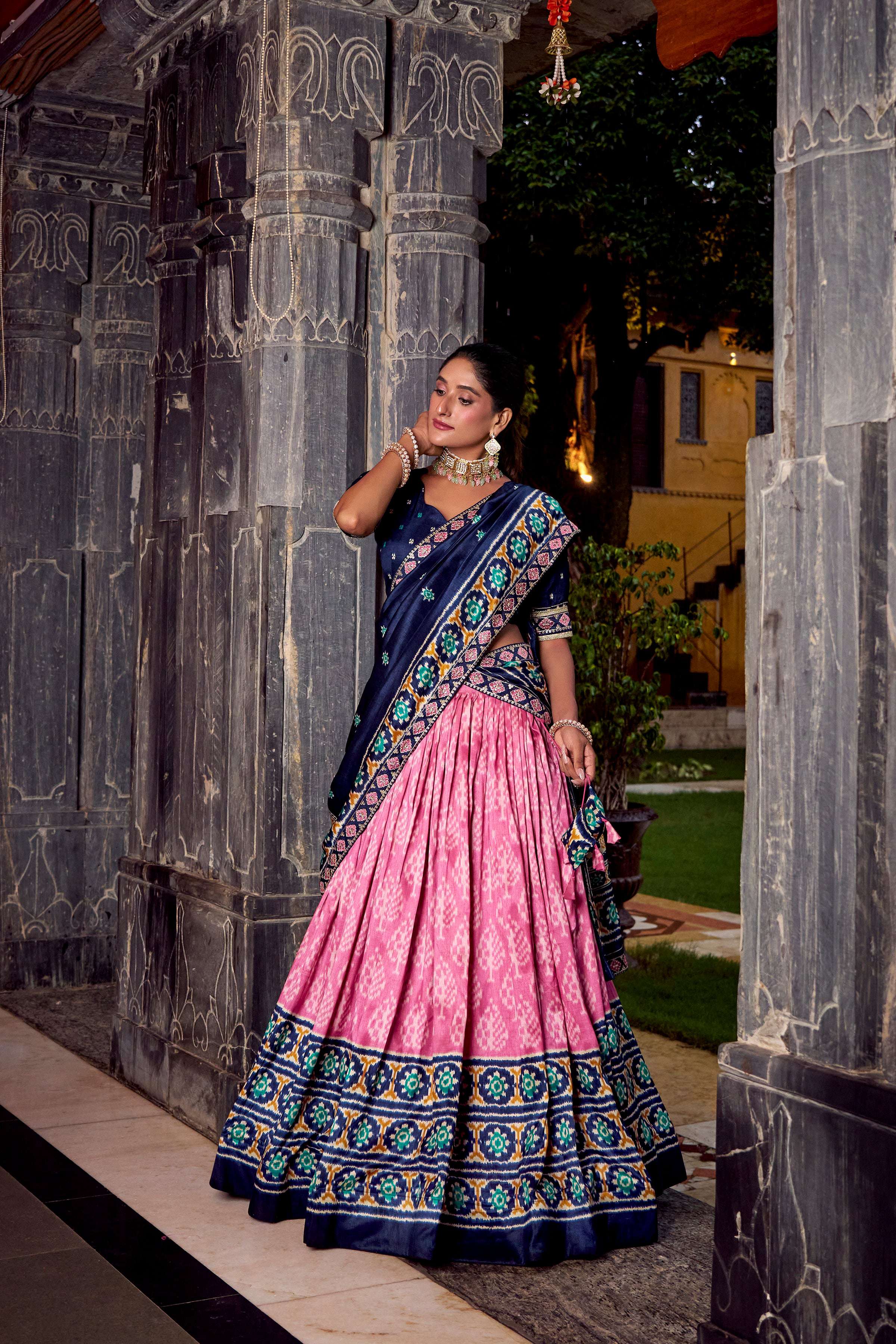 Lorenvalley Fashion Pink Tasar Silk Ikkat Print Lehenga Choli with Dupatta
