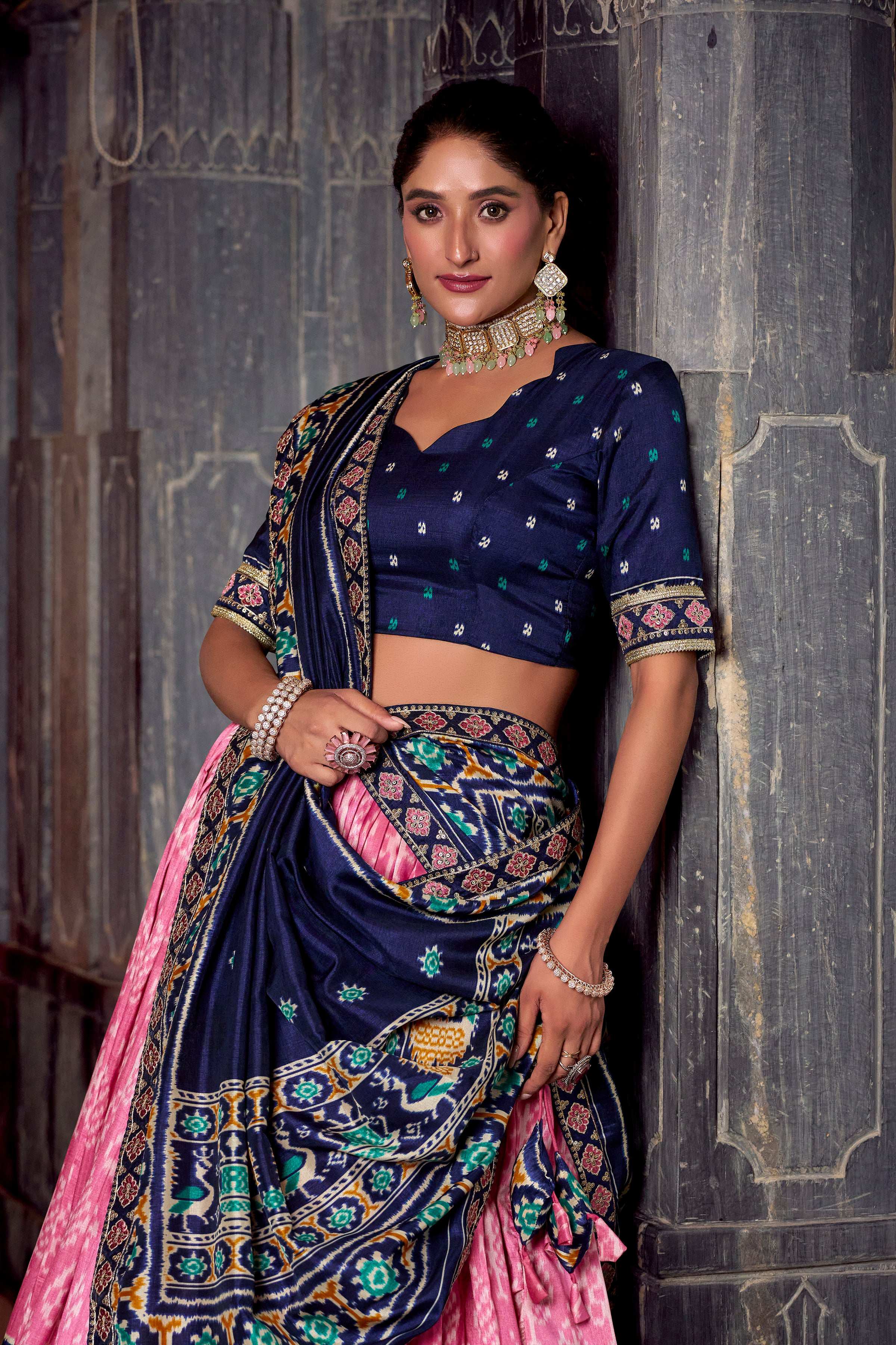 Lorenvalley Fashion Pink Tasar Silk Ikkat Print Lehenga Choli with Dupatta