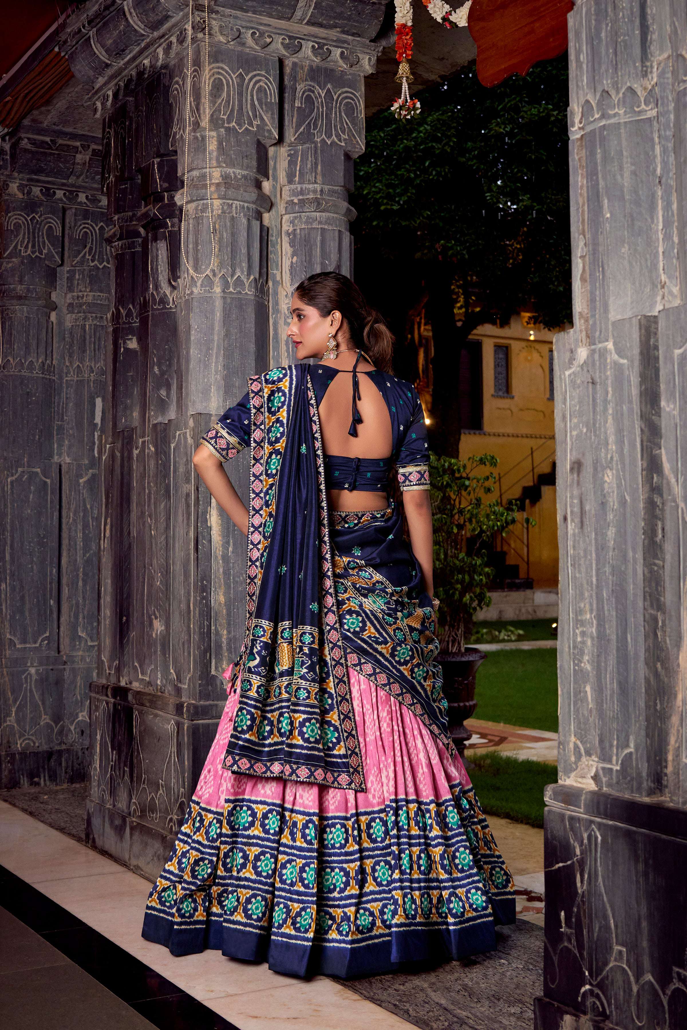 Lorenvalley Fashion Pink Tasar Silk Ikkat Print Lehenga Choli with Dupatta