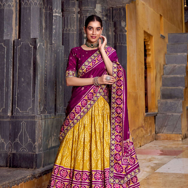 Lorenvalley Fashion Mustard Tasar Silk Ikkat Print Lehenga Choli with Dupatta - Distacart