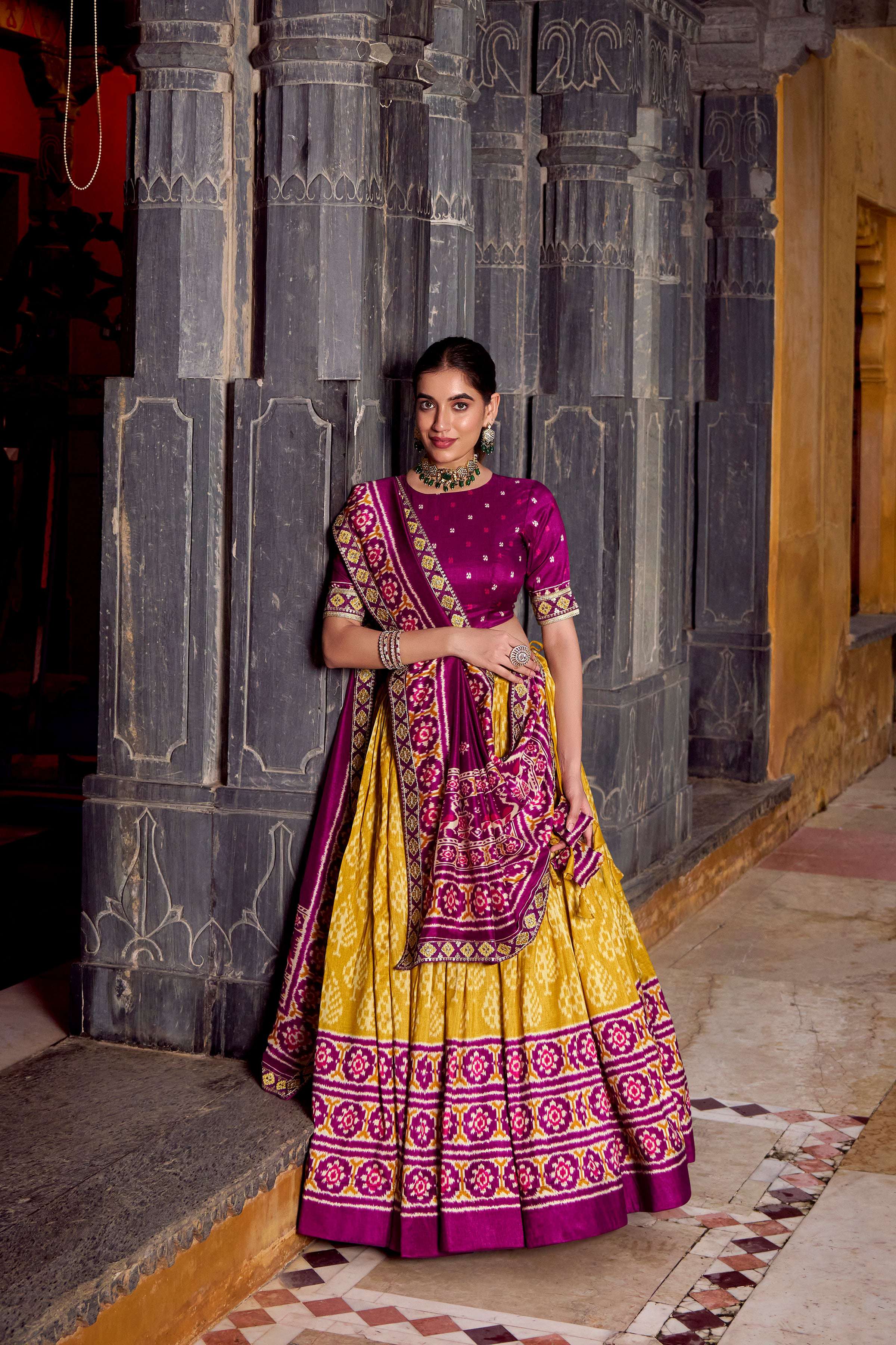 Lorenvalley Fashion Mustard Tasar Silk Ikkat Print Lehenga Choli with Dupatta