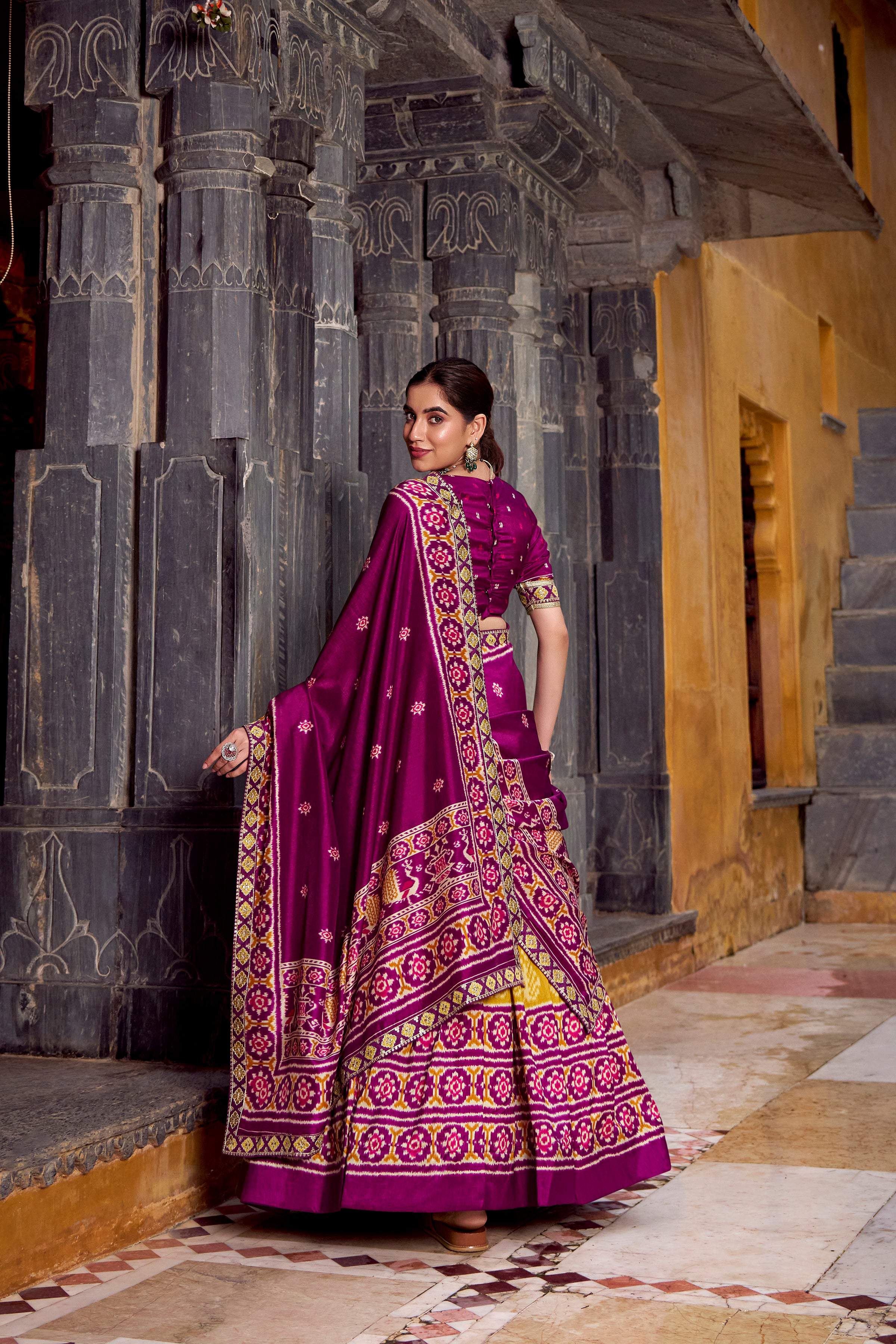 Lorenvalley Fashion Mustard Tasar Silk Ikkat Print Lehenga Choli with Dupatta