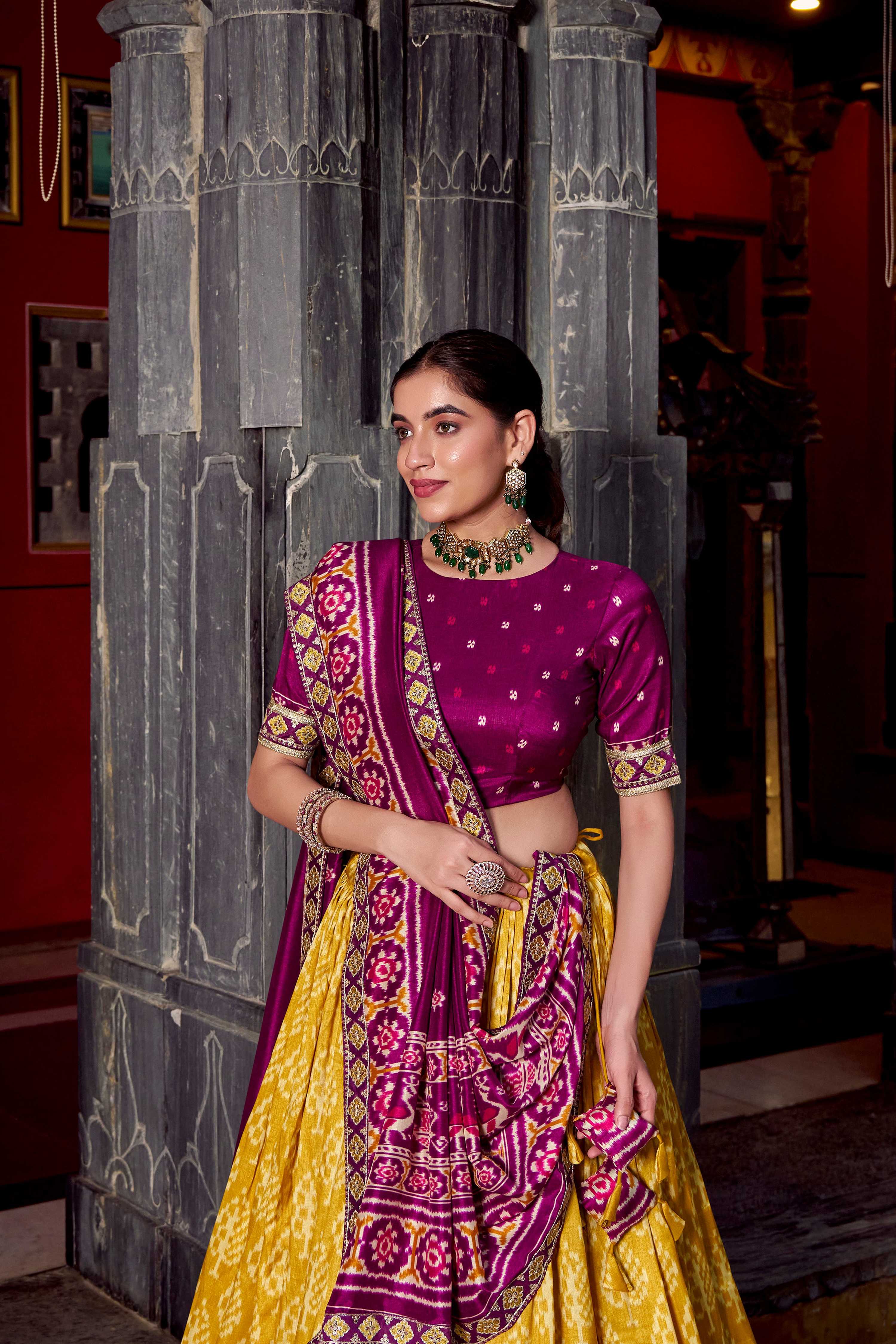 Lorenvalley Fashion Mustard Tasar Silk Ikkat Print Lehenga Choli with Dupatta