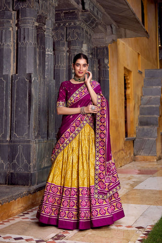 Lorenvalley Fashion Mustard Tasar Silk Ikkat Print Lehenga Choli with Dupatta