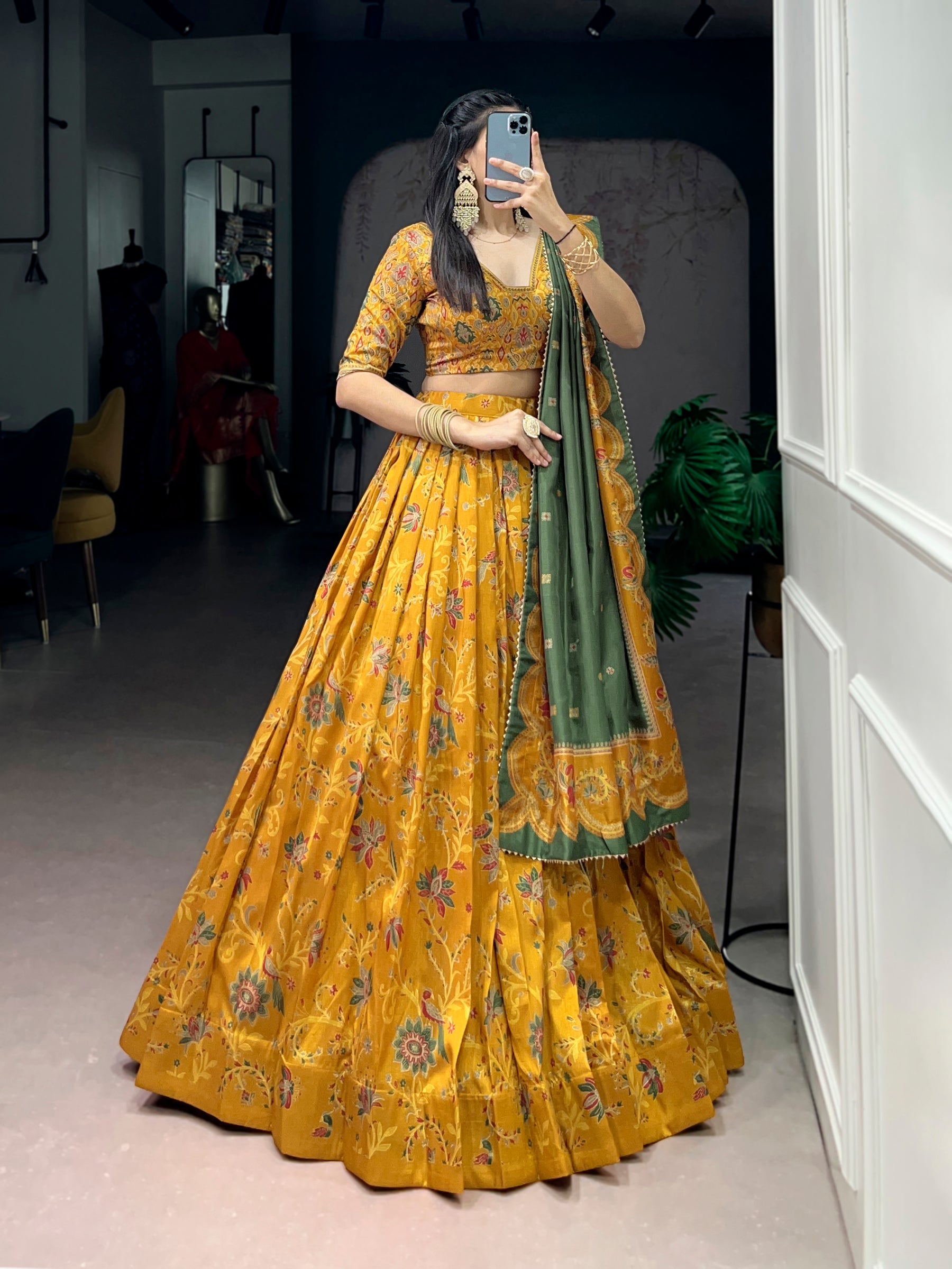 Lorenvalley Fashion Mustard Tasar Silk Gilded Motif Foil Printed Lehenga Choli with Dupatta - Distacart