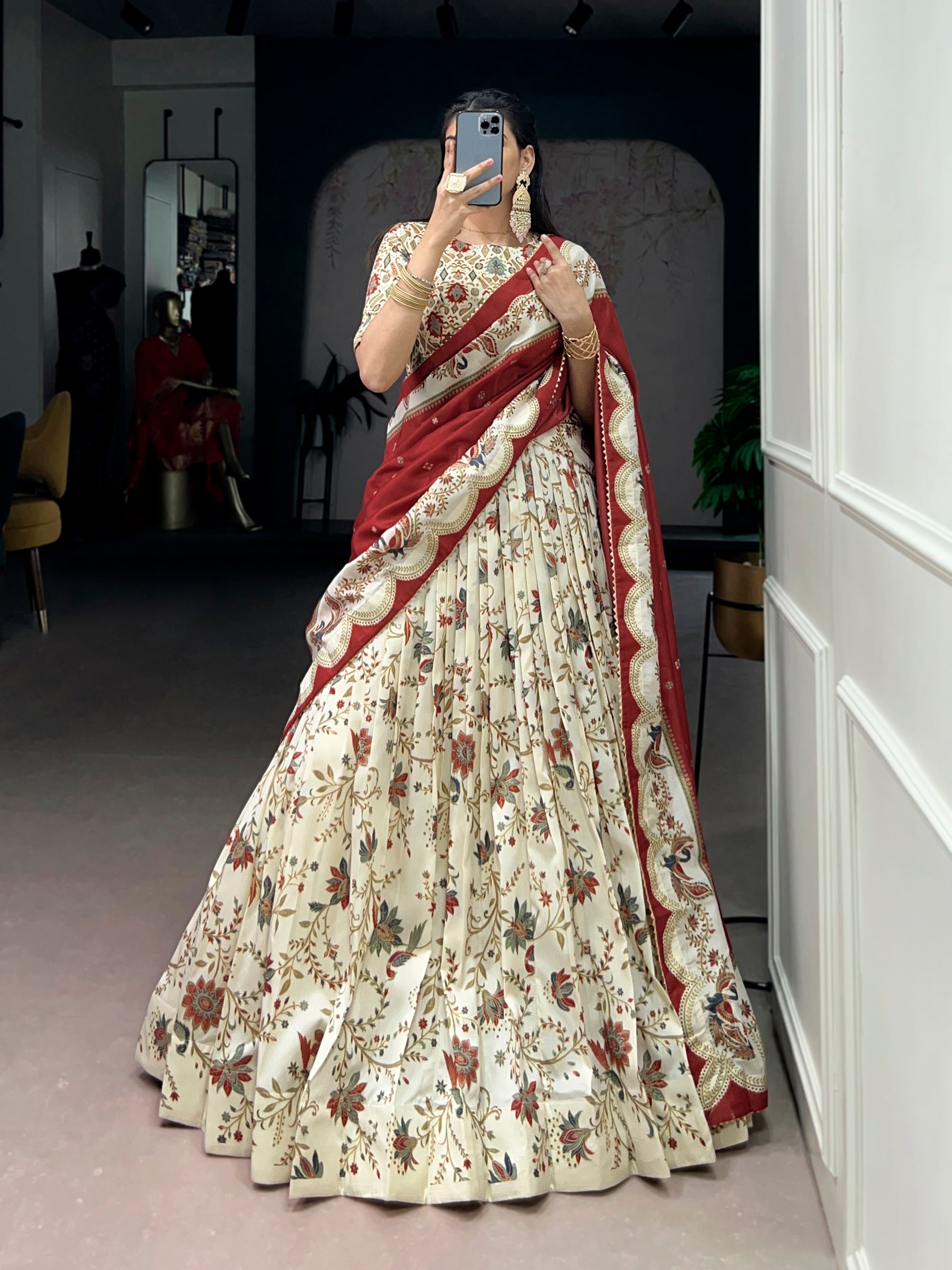 Lorenvalley Fashion Offwhite Tasar Silk Gilded Motif Foil Printed Lehenga Choli with Dupatta - Distacart