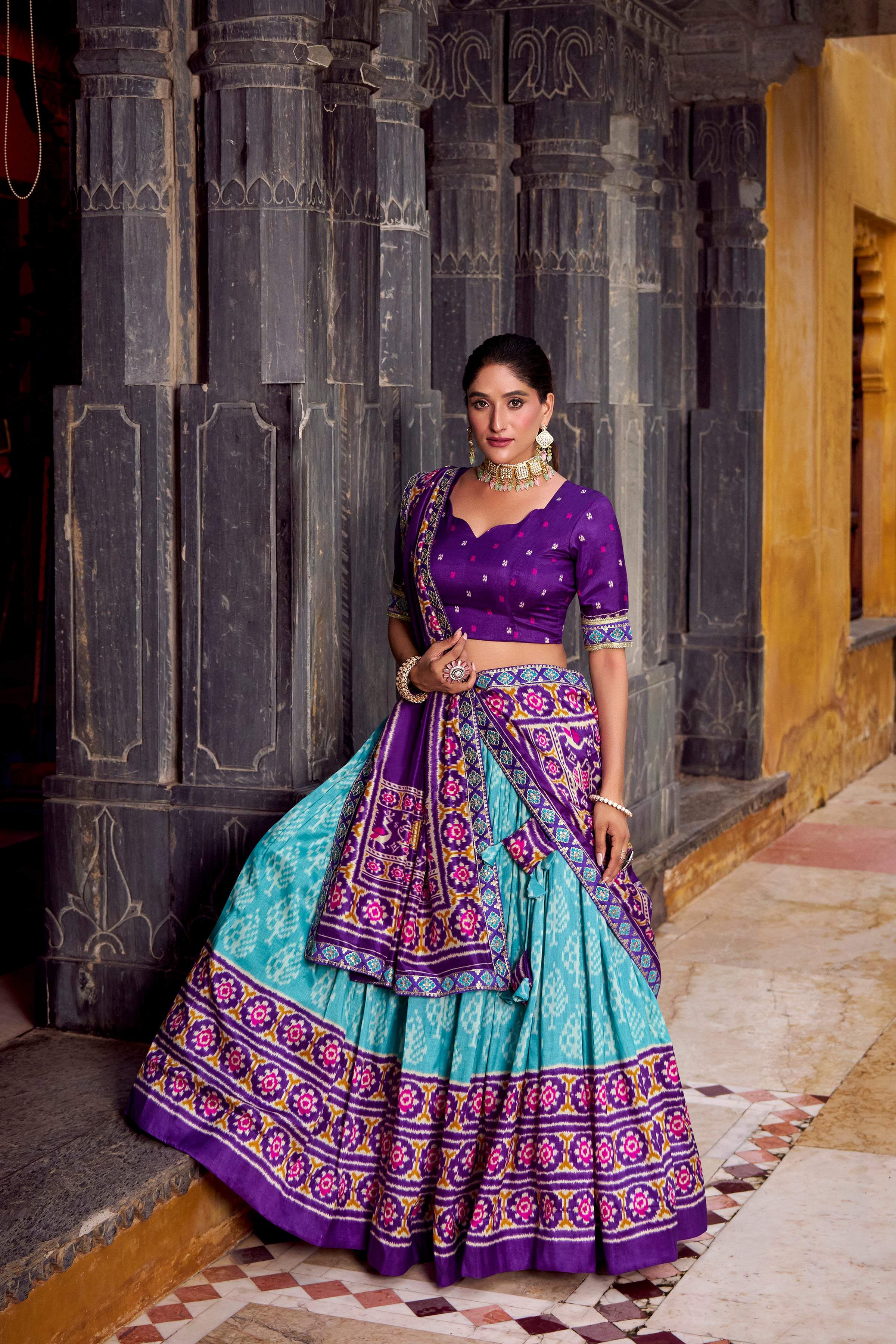 Lorenvalley Fashion Skyblue Tasar Silk Ikkat Print Lehenga Choli with Dupatta