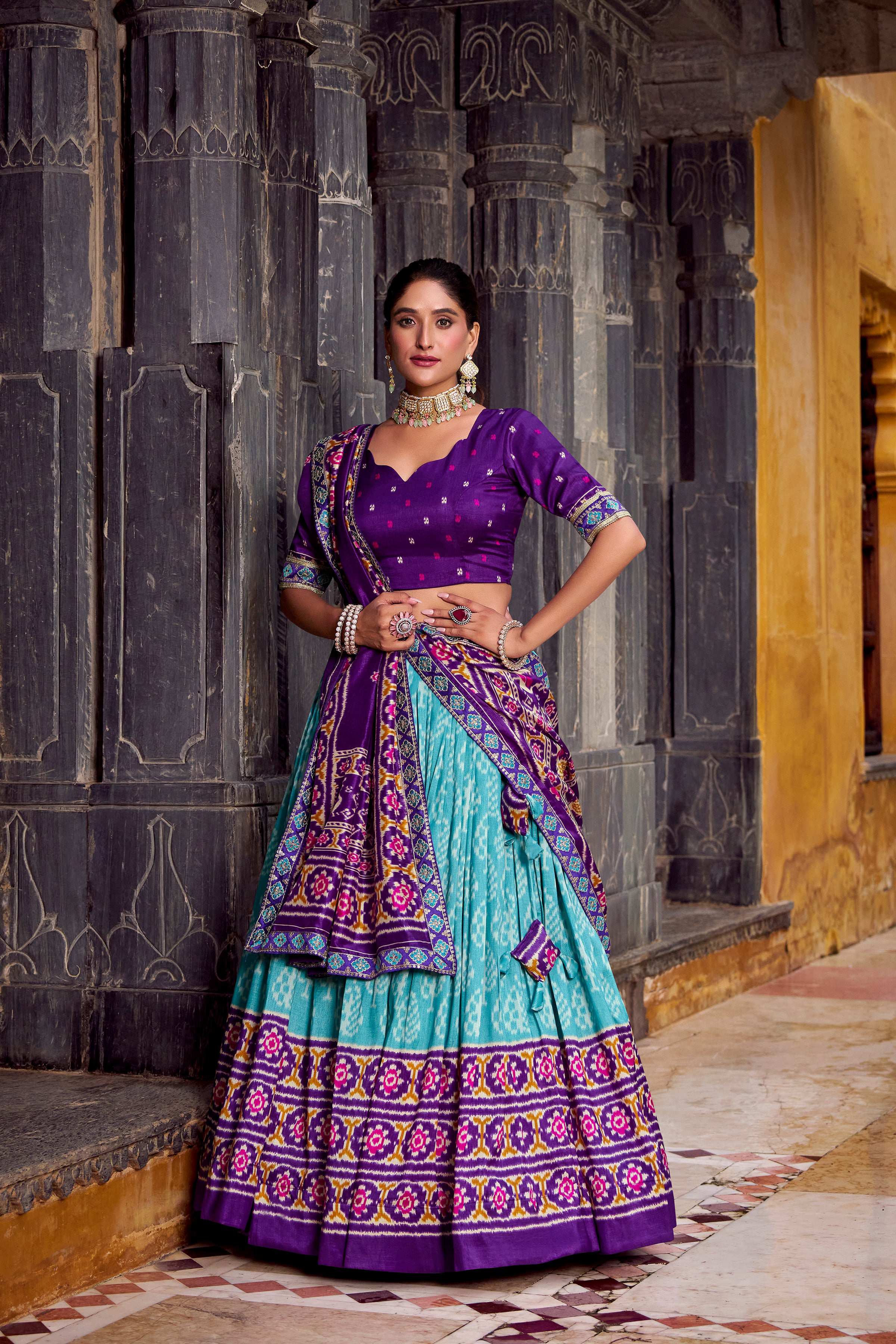 Lorenvalley Fashion Skyblue Tasar Silk Ikkat Print Lehenga Choli with Dupatta