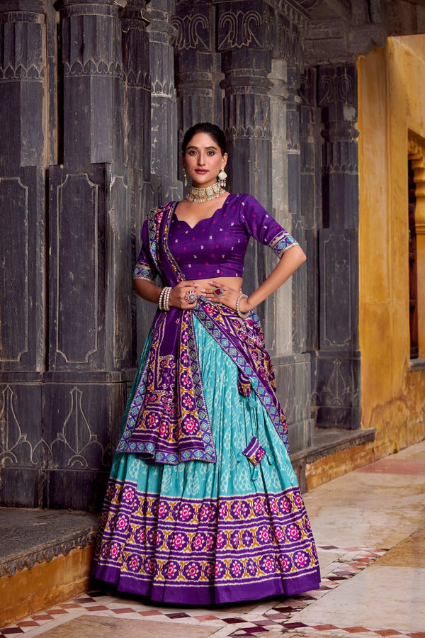 Lorenvalley Fashion Skyblue Tasar Silk Ikkat Print Lehenga Choli with Dupatta