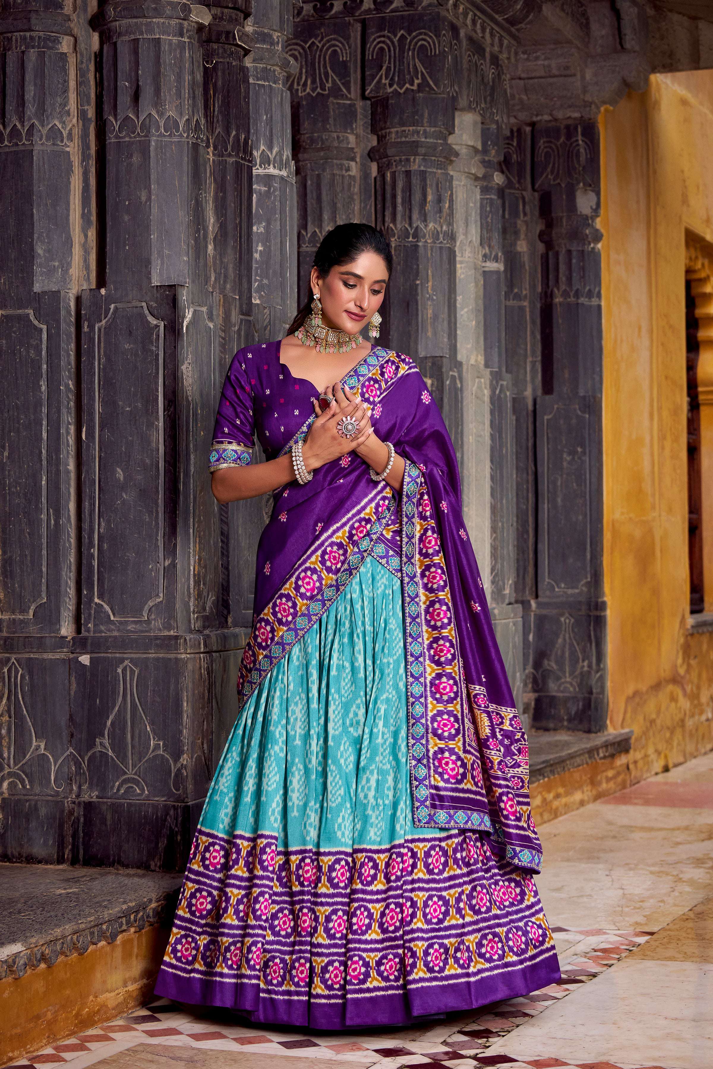Lorenvalley Fashion Skyblue Tasar Silk Ikkat Print Lehenga Choli with Dupatta