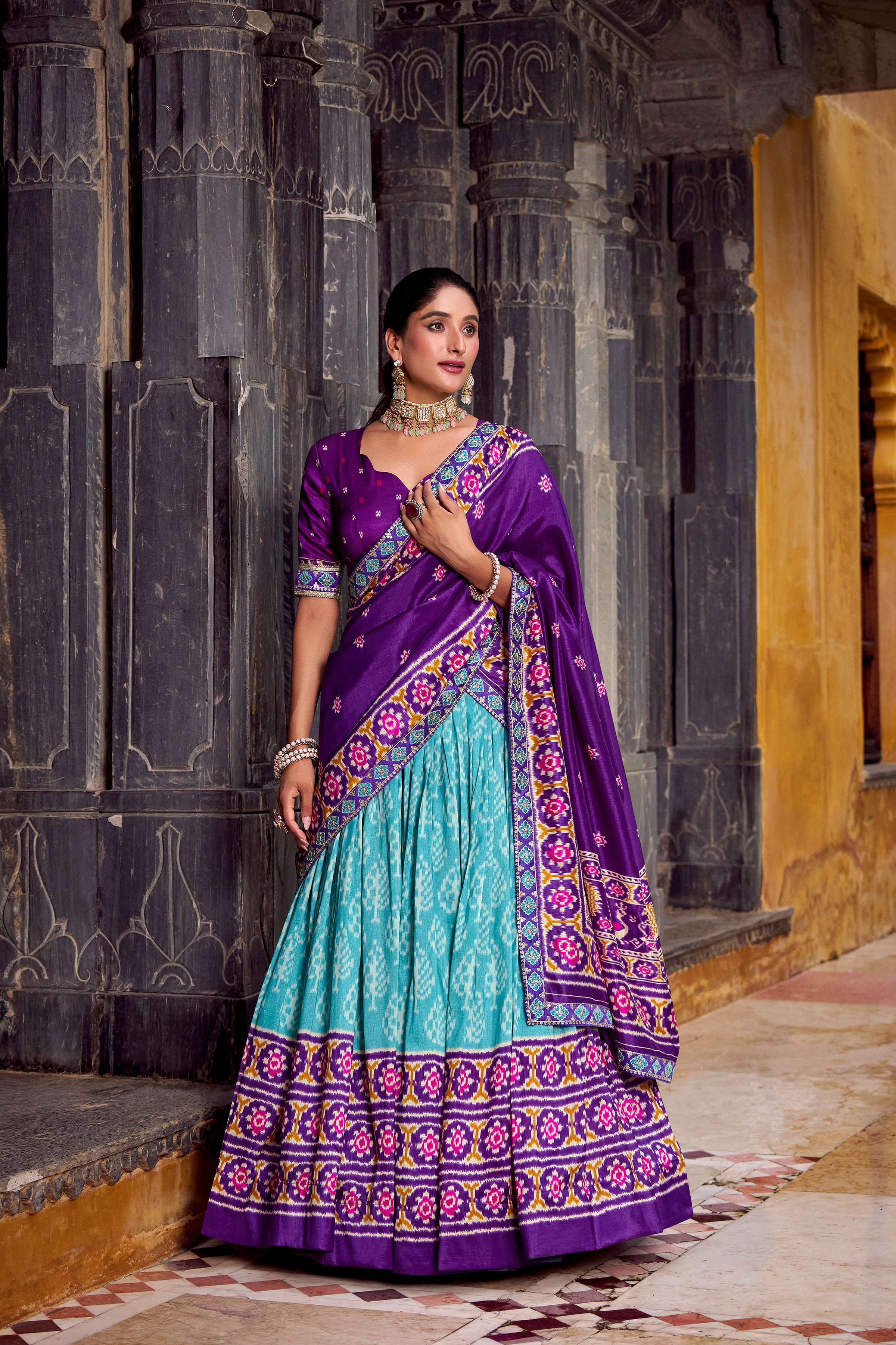 Lorenvalley Fashion Skyblue Tasar Silk Ikkat Print Lehenga Choli with Dupatta