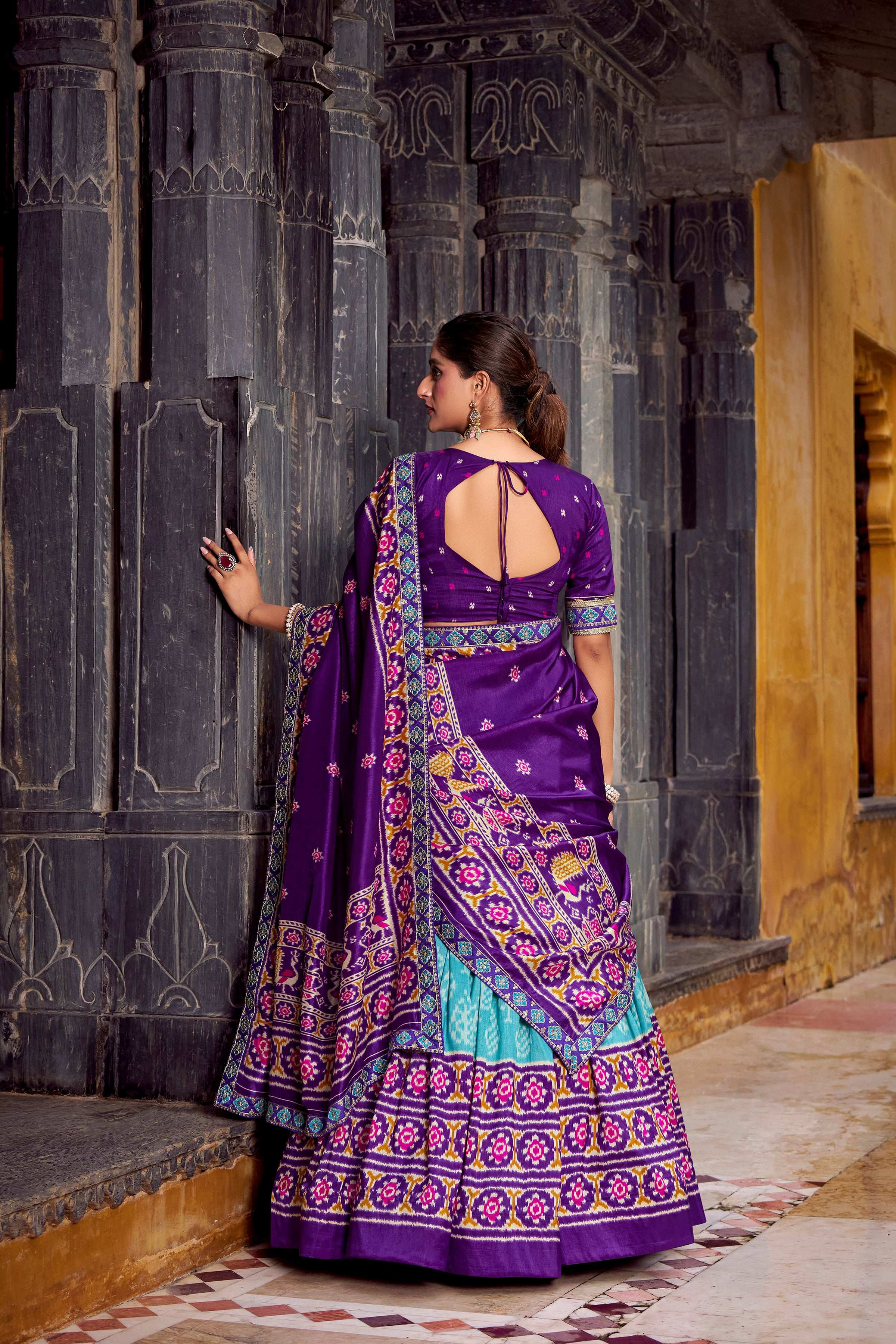 Lorenvalley Fashion Skyblue Tasar Silk Ikkat Print Lehenga Choli with Dupatta